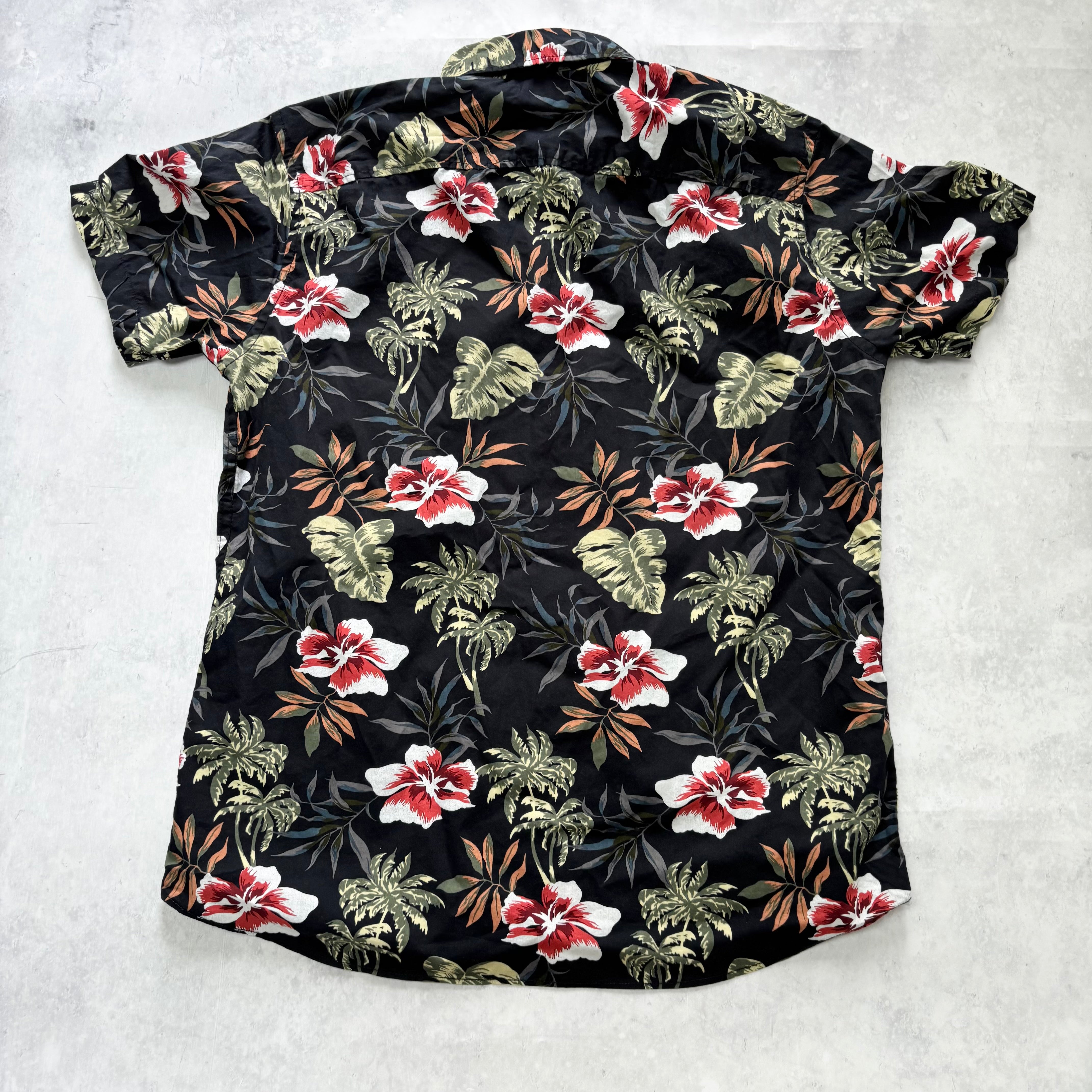 Hawaiian Shirt Mens XL Black Floral Aloha Short Sleeve Cotton (E)