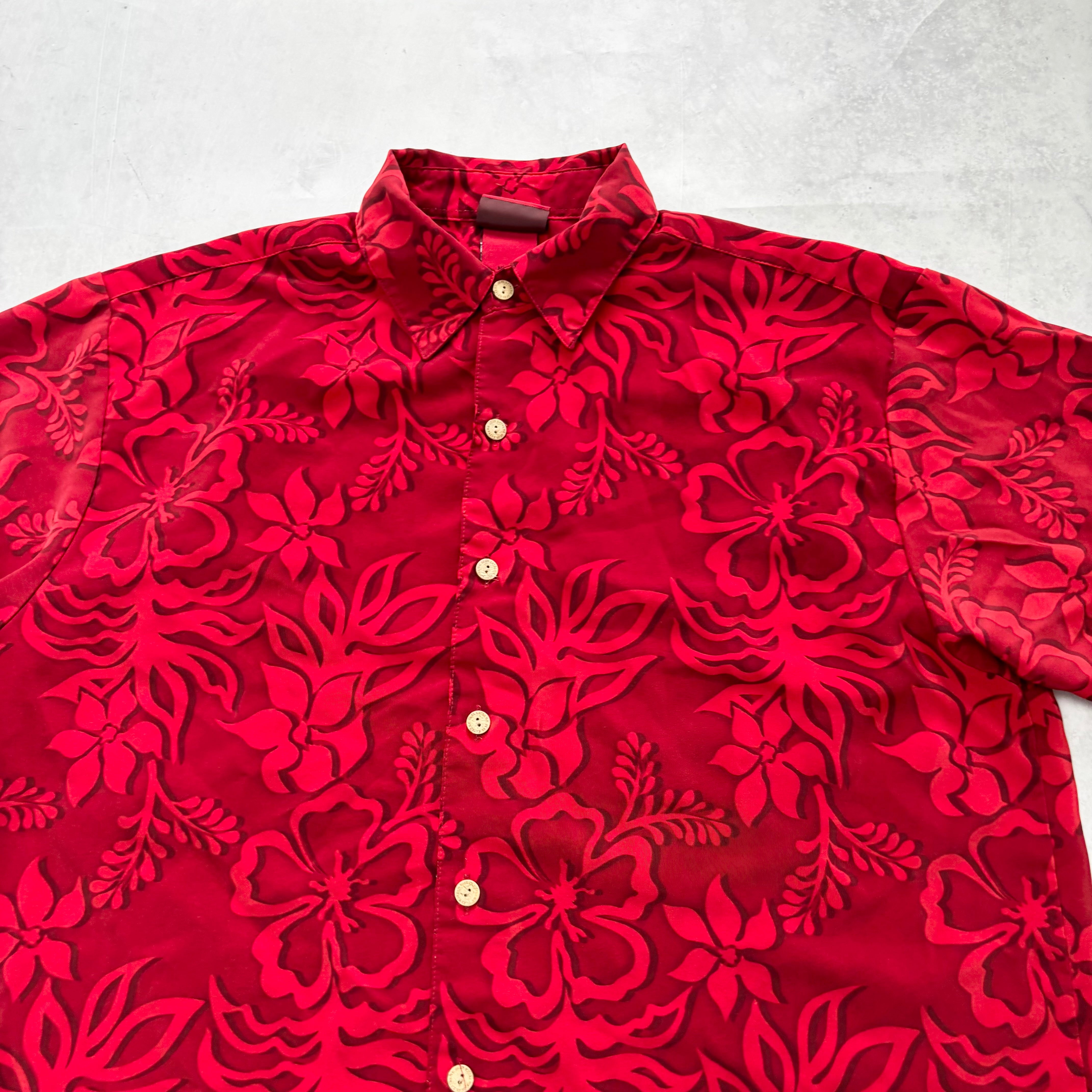 Vintage Hawaiian Shirt Mens Large Red Floral Aloha Short Sleeve Polyester (E)