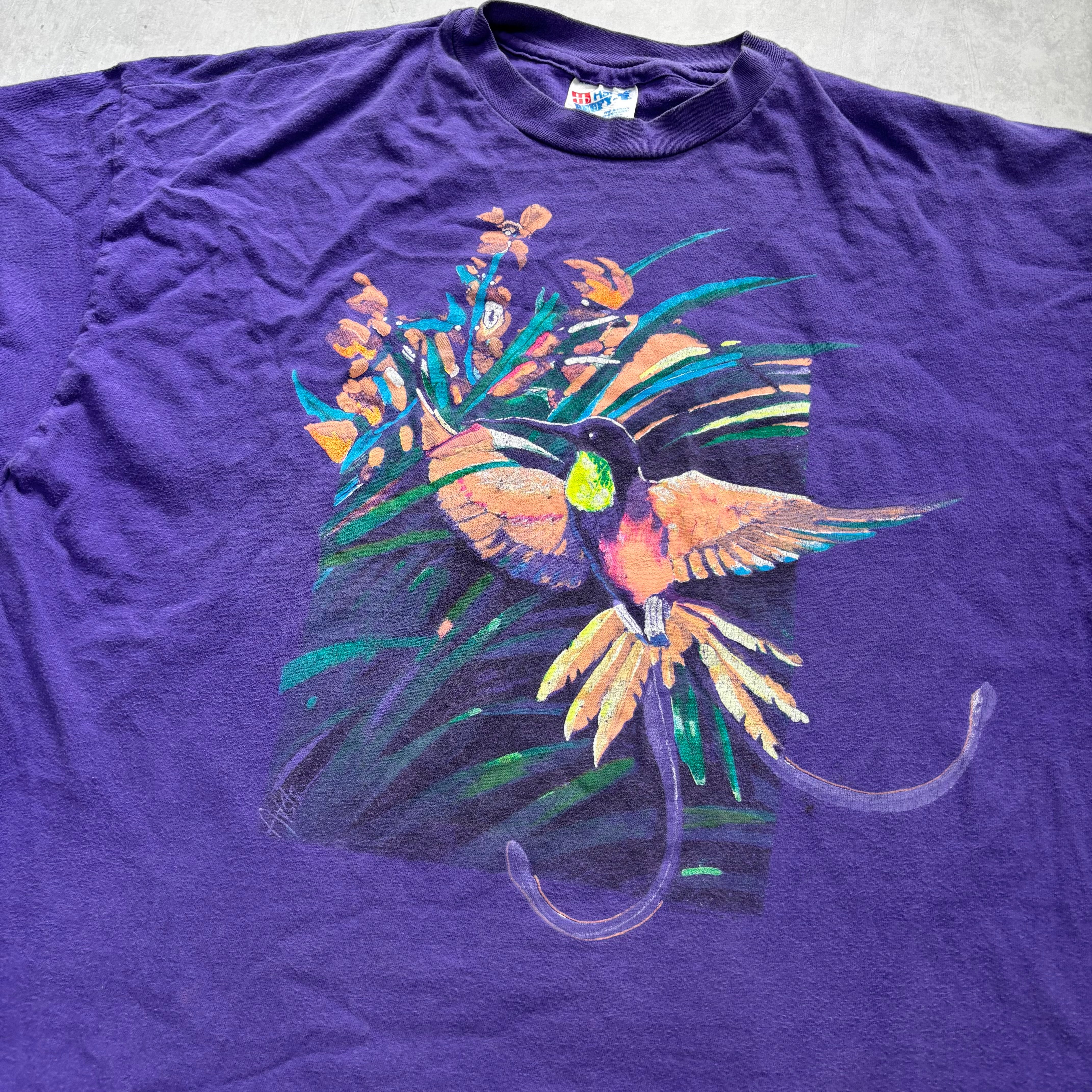 Vintage T Shirt Mens XL Purple Single Stitch Graphic Print 90s Flowers Birds