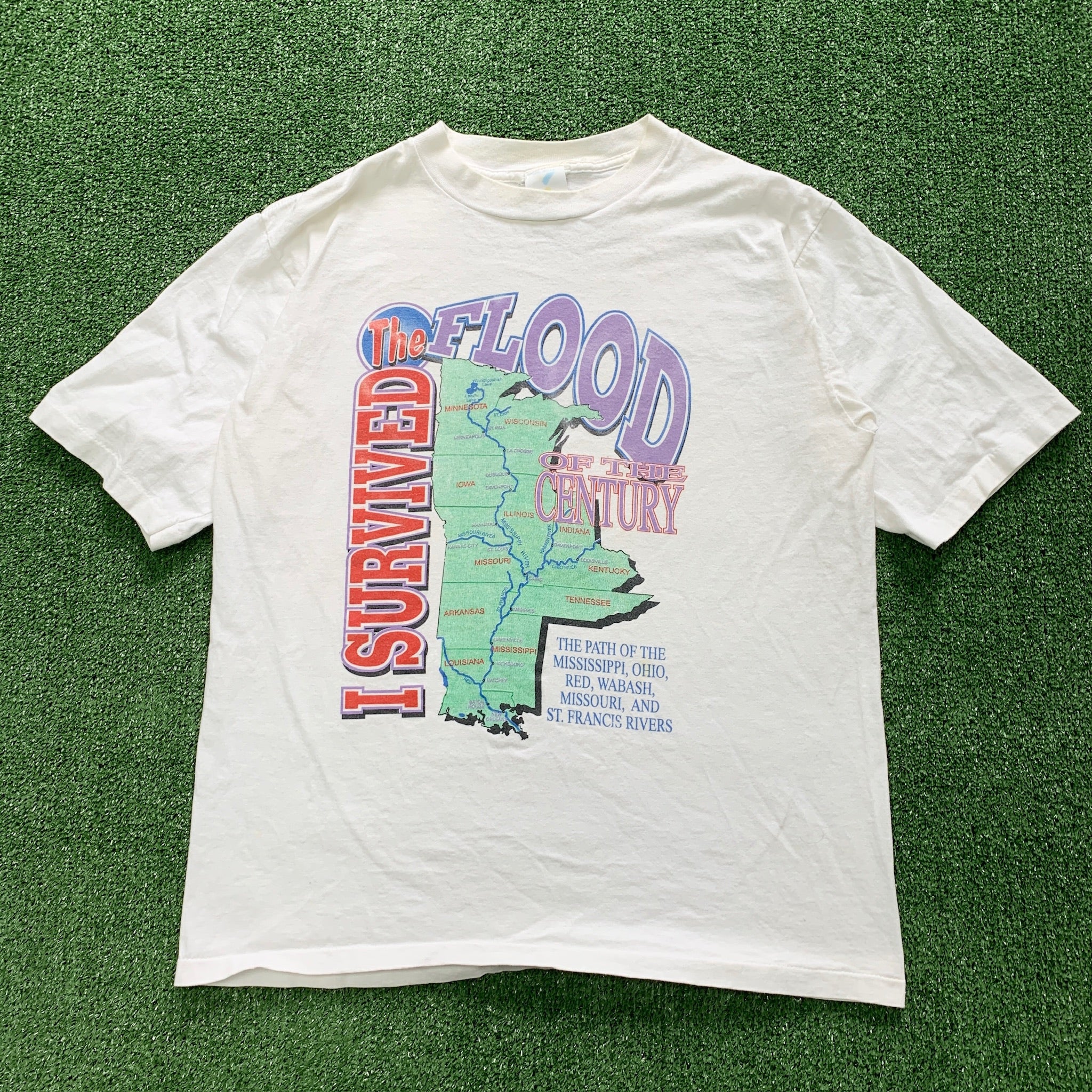 Vintage T Shirt Mens Large White Single Stitch Graphic Print 90s USA Flood