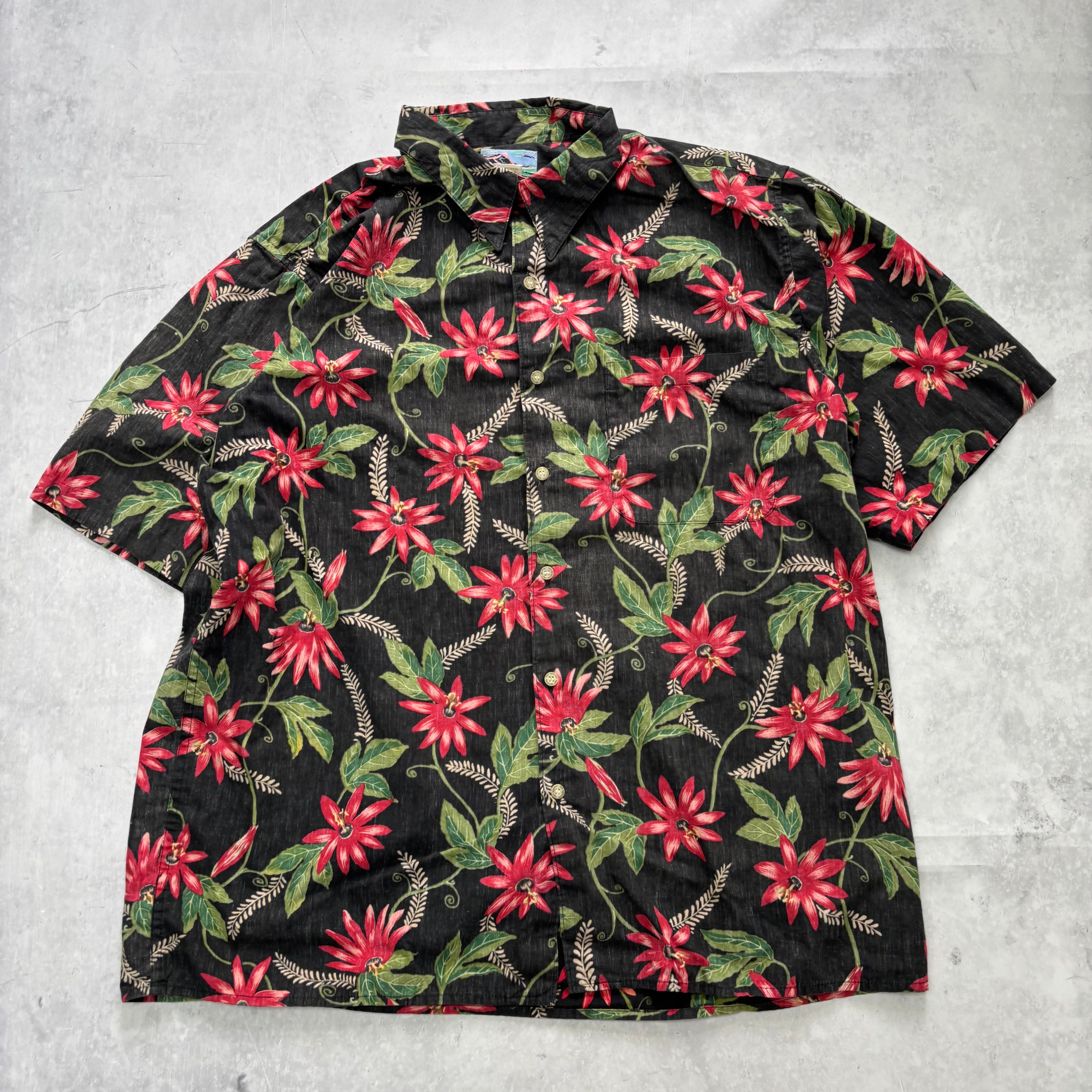 Vintage Hawaiian Shirt Mens Large Black Cotton Aloha Floral Reyn Spooner (E)