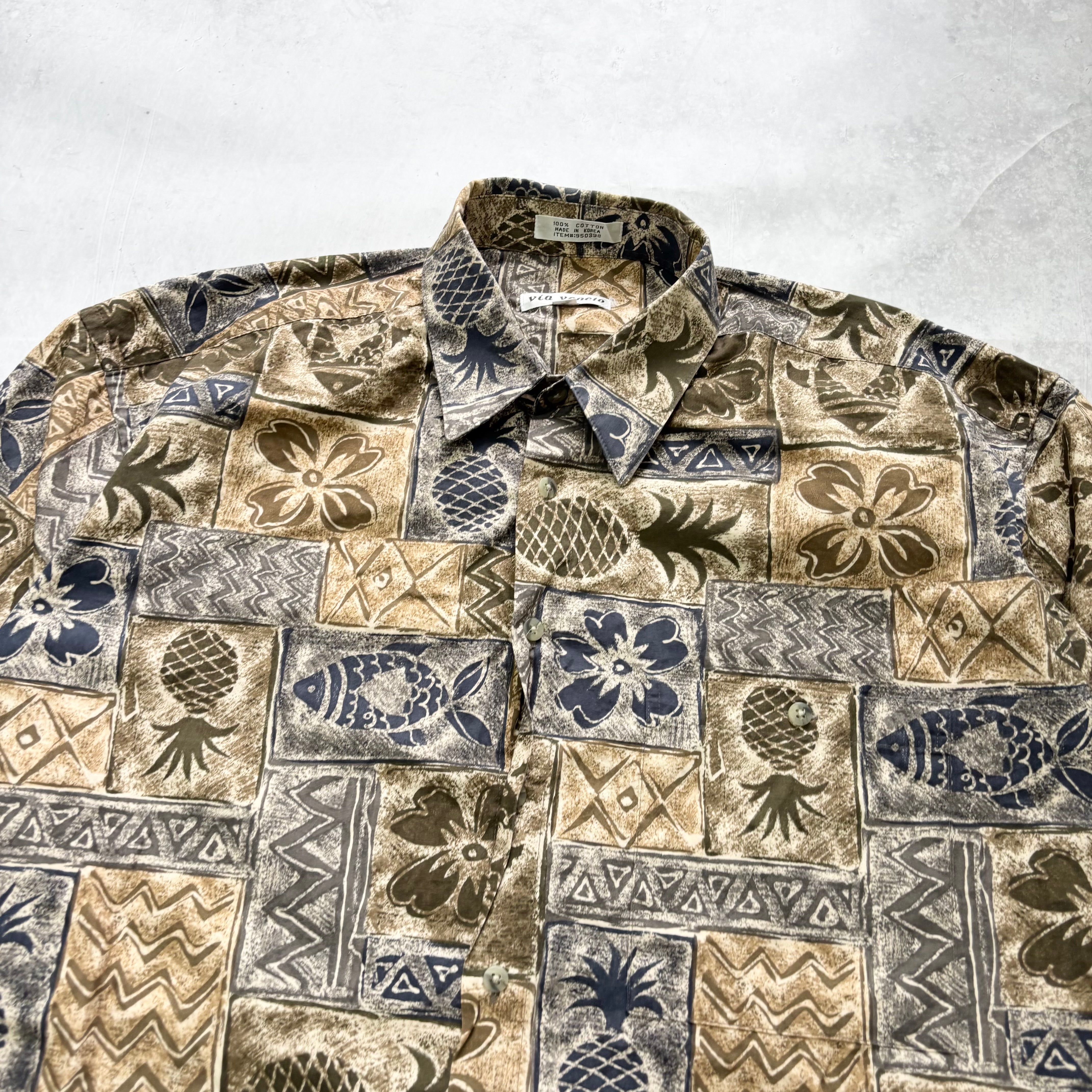 Vintage Hawaiian Shirt Mens Large Brown Floral Aloha Short Sleeve Cotton (E)