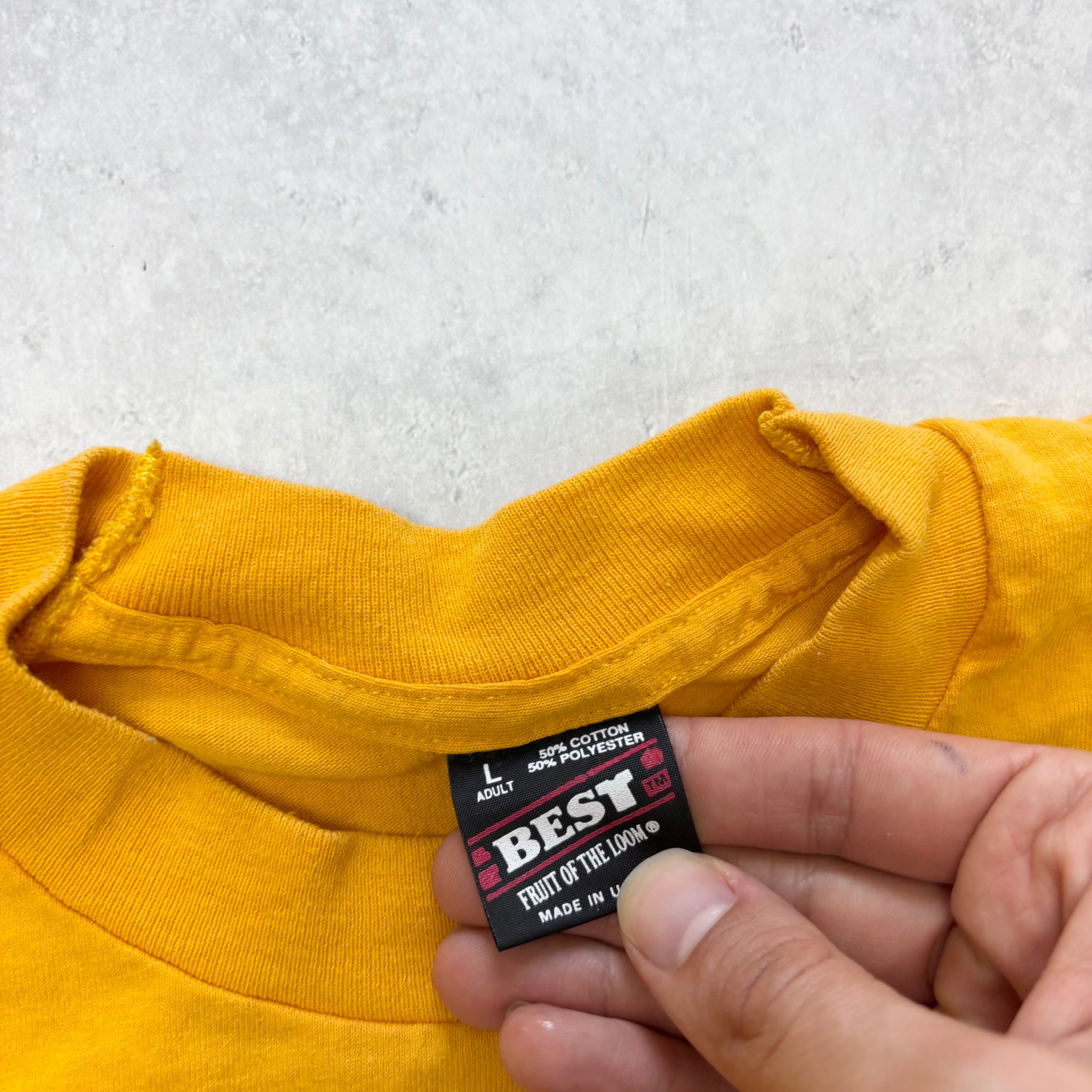 Vintage T Shirt Mens Small Yellow Single Stitch Graphic Print 90s USA (E)