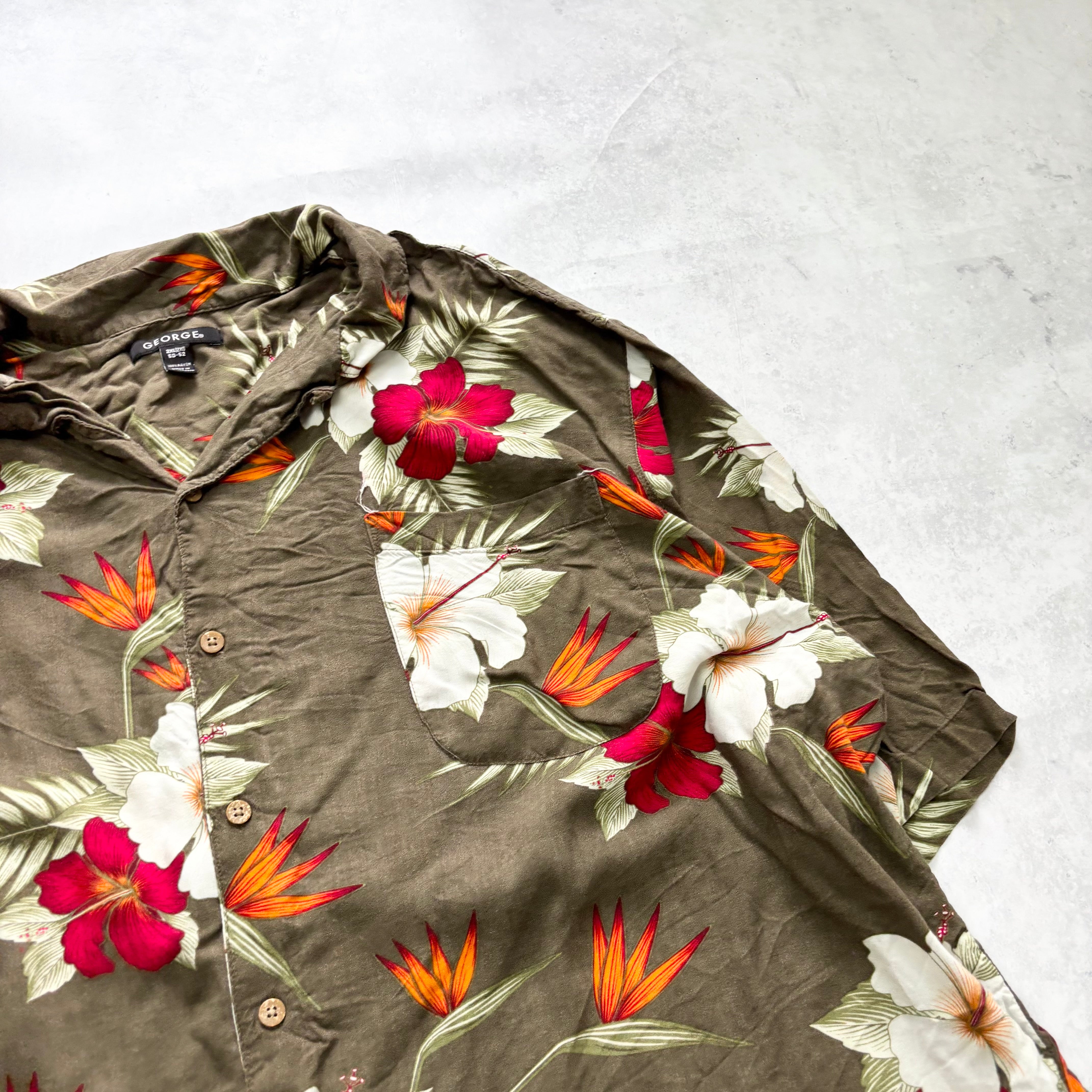 George Hawaiian Shirt Mens XXL Brown Floral Aloha Short Sleeve Rayon (E)