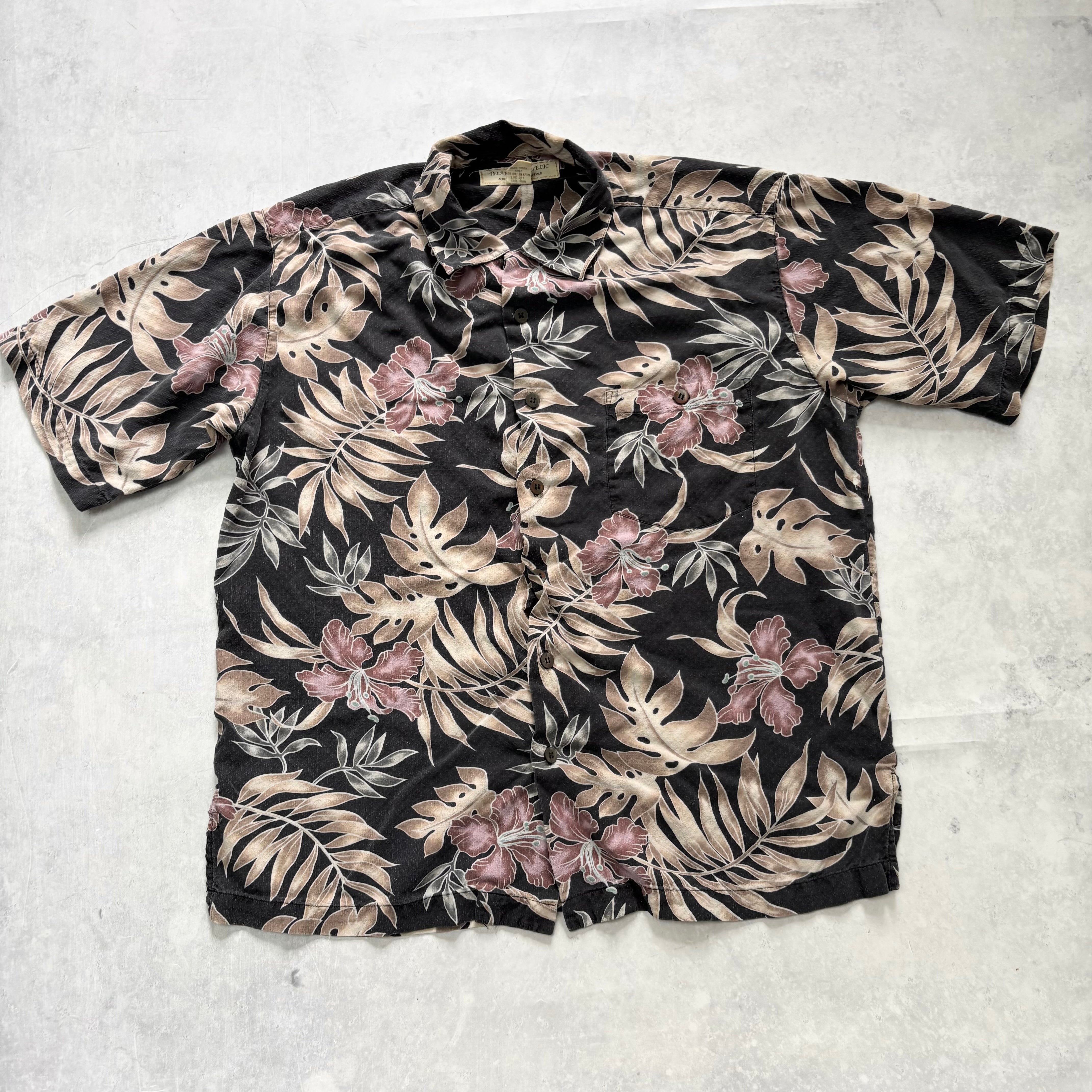 Vintage Hawaiian Shirt Mens Medium Black Floral Aloha Short Sleeve Silk (E)