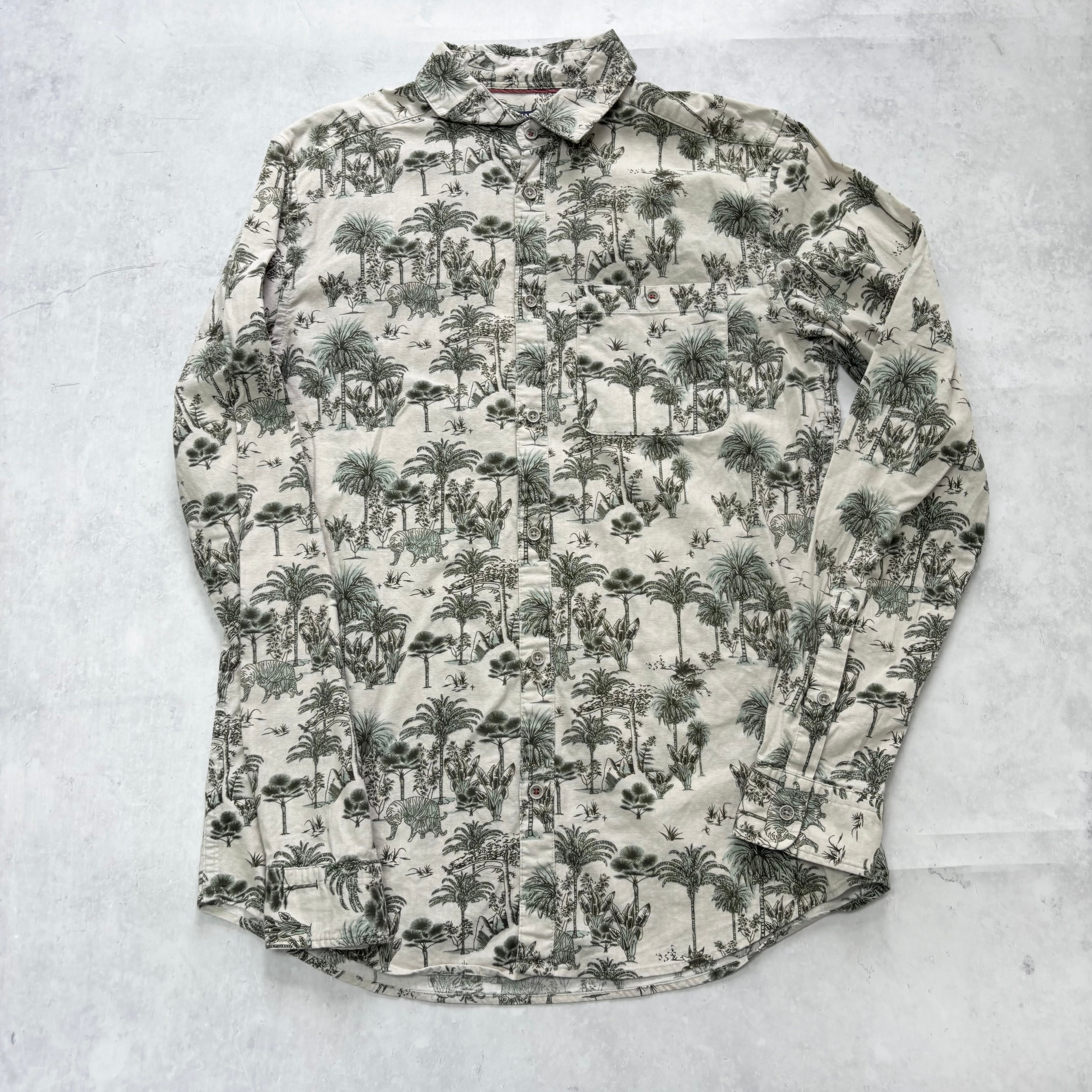Kiabi Shirt Mens Small Beige Floral Aloha Long Sleeve Cotton (E)