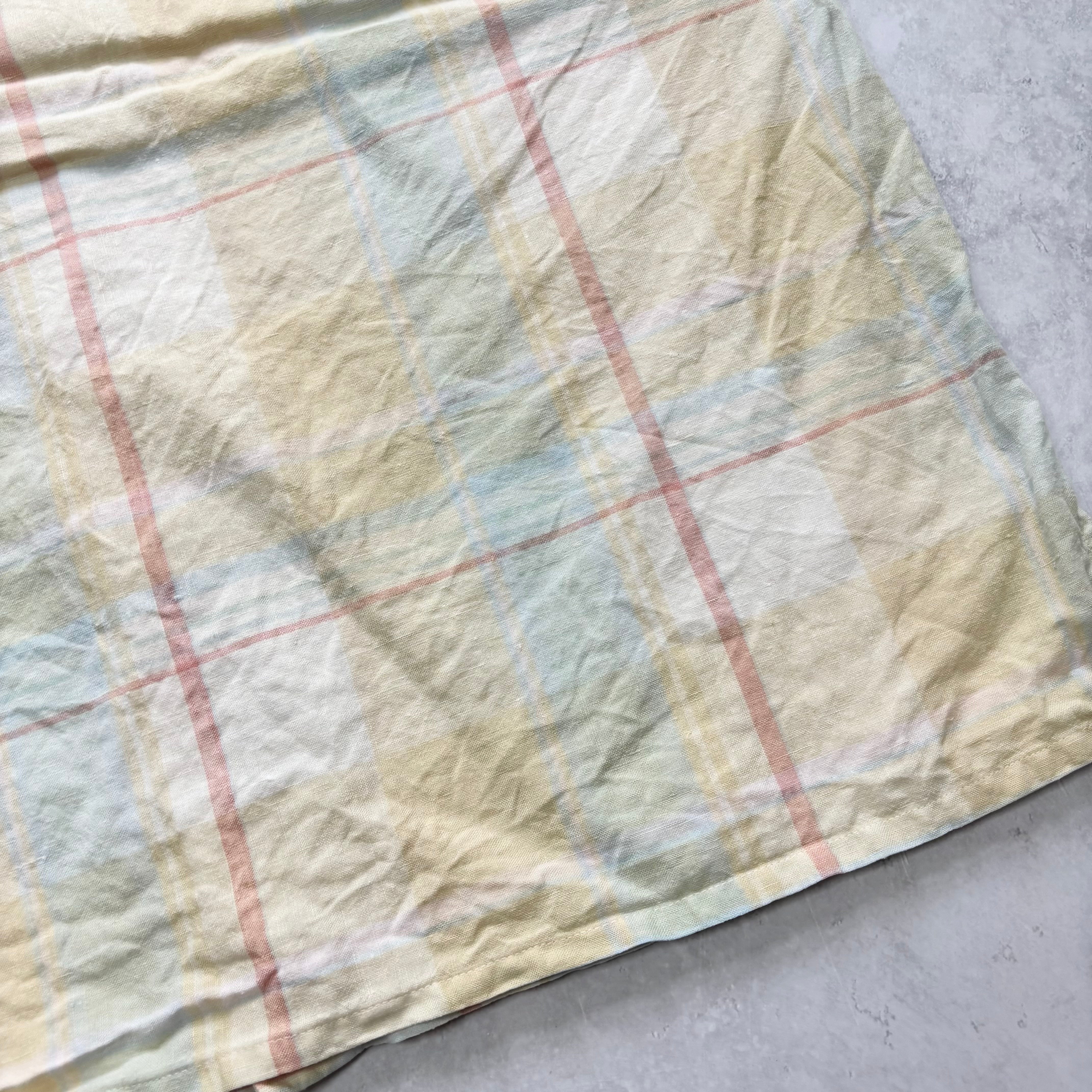Vintage Check Shirt Mens Large Yellow Linen Short Sleeve (E)