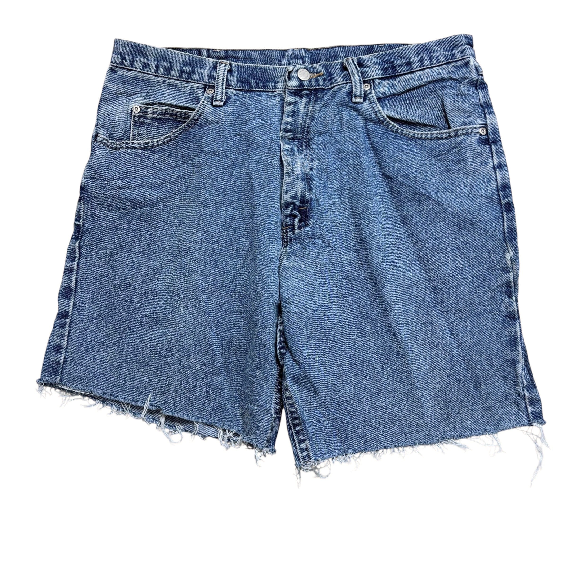 Wrangler Denim Shorts W36 Mens Mid Blue Cut Off 7in Regular Fit Vintage