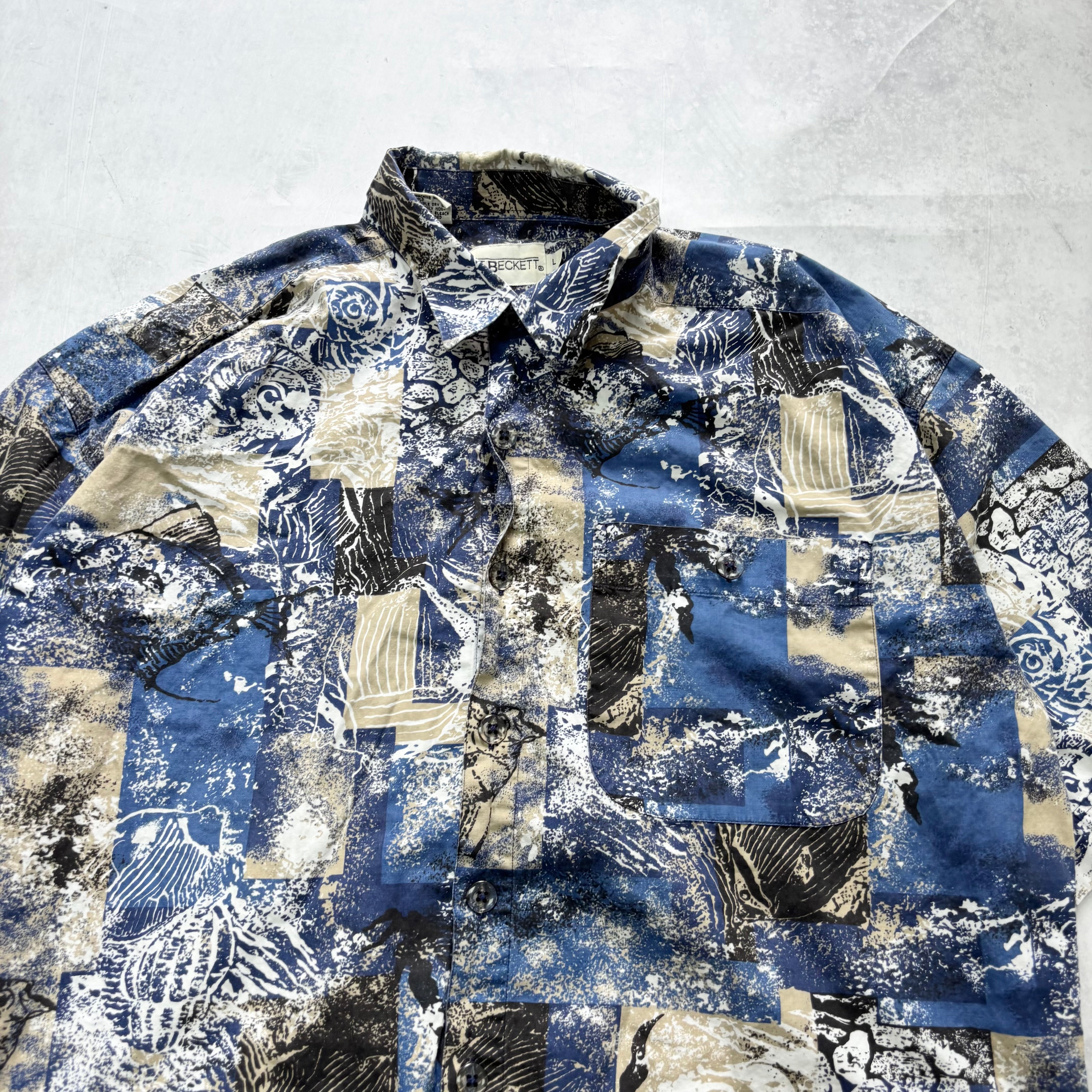 Vintage Hawaiian Shirt Mens Large Blue Floral Aloha Short Sleeve Cotton (E)