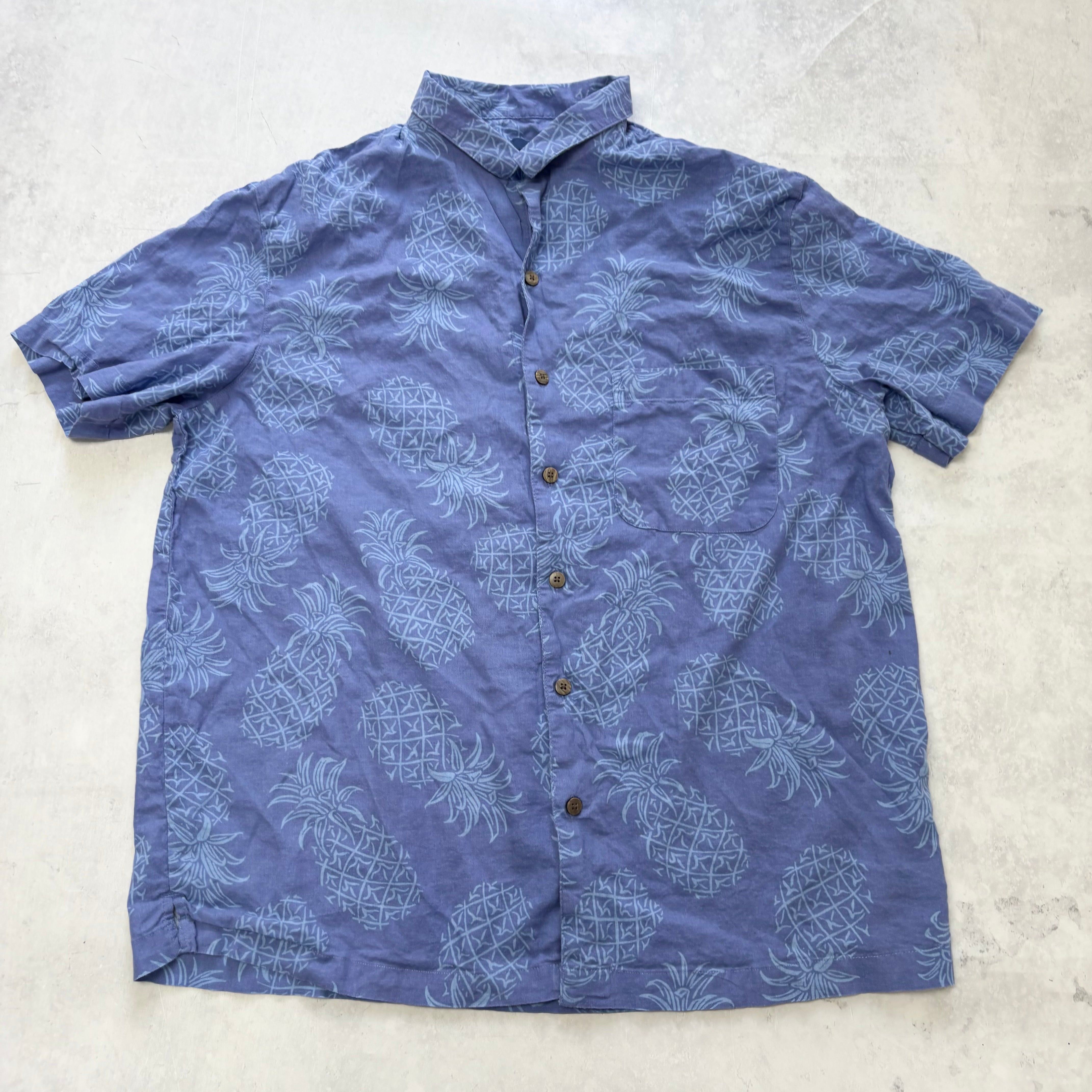 George Hawaiian Shirt Mens XL Blue Floral Aloha Short Sleeve Linen Blend