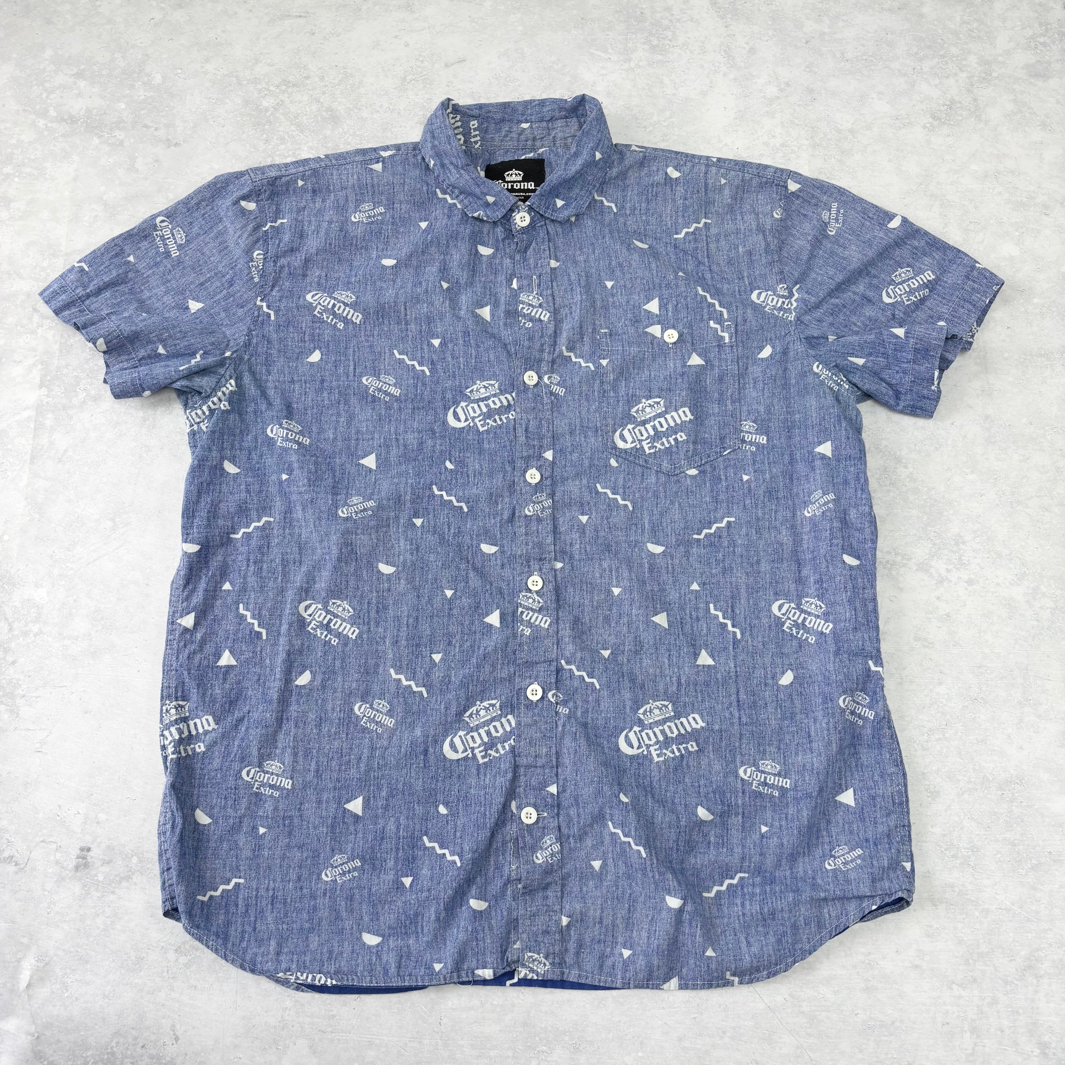 Corona Hawaiian Shirt Mens XL Blue Short Sleeve Beer Cotton (E)