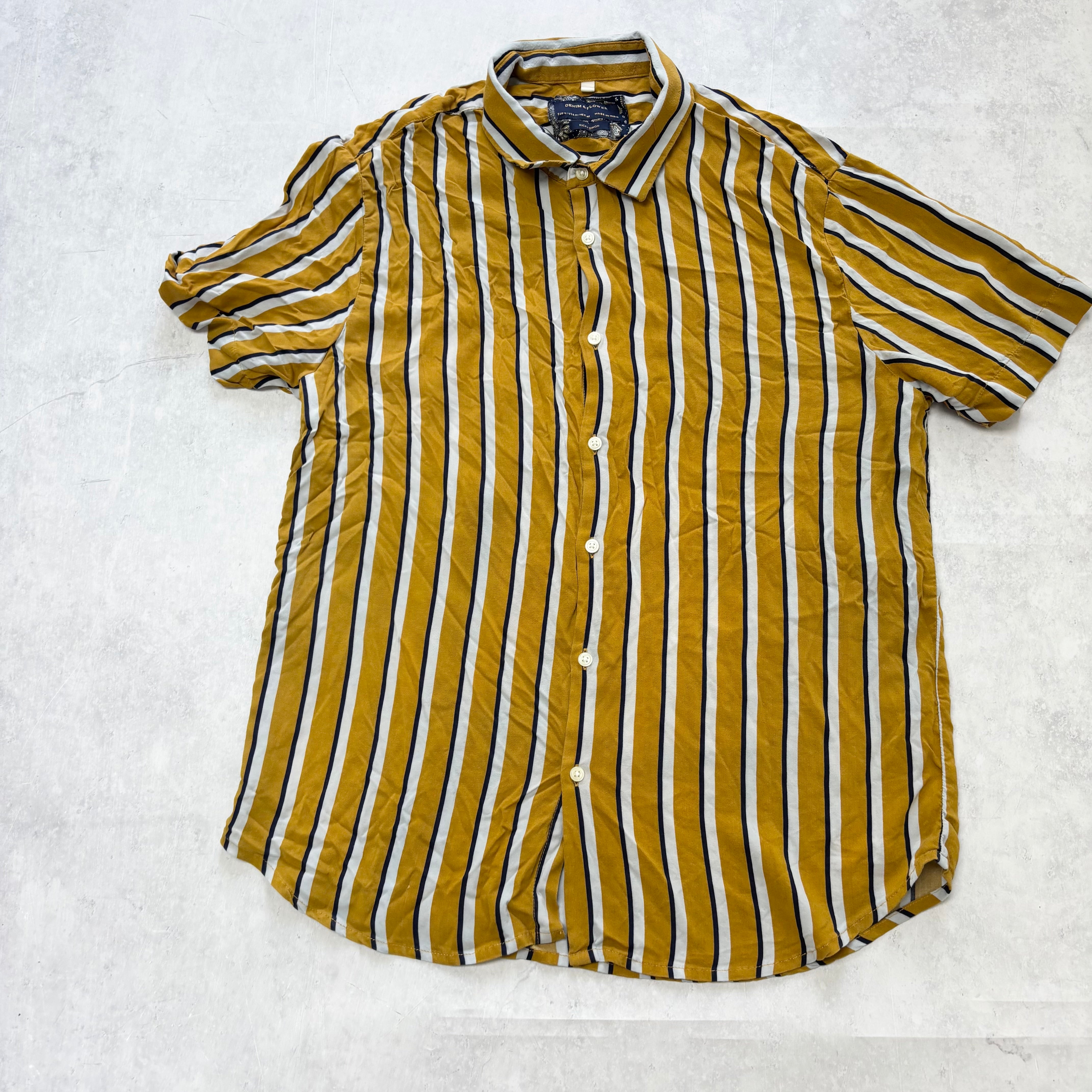 Denim & Flower Striped Shirt Mens Medium Short Sleeve Slim Fit Viscose (E)