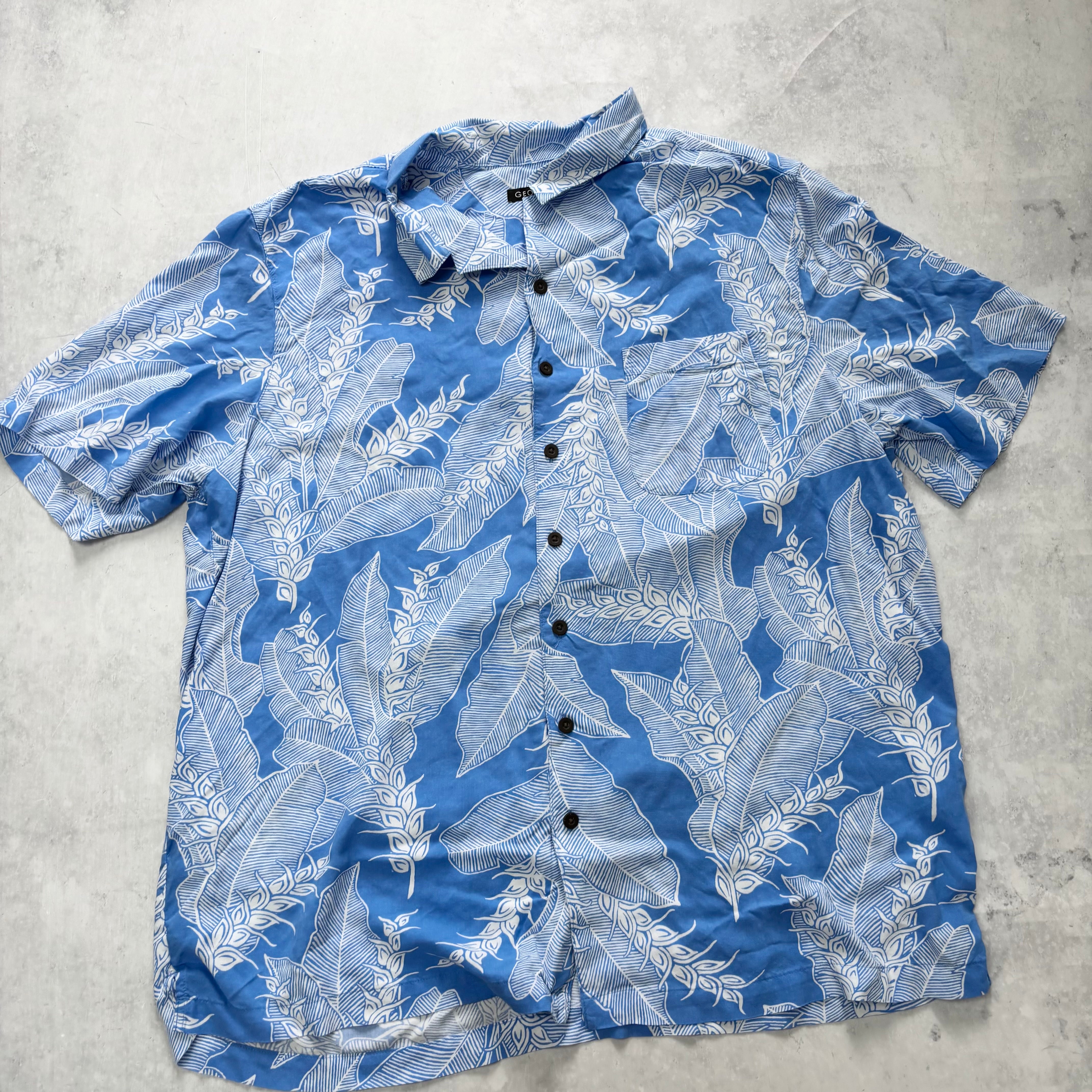 Hawaiian Shirt Mens XXL Blue Floral Aloha Short Sleeve Rayon (E)