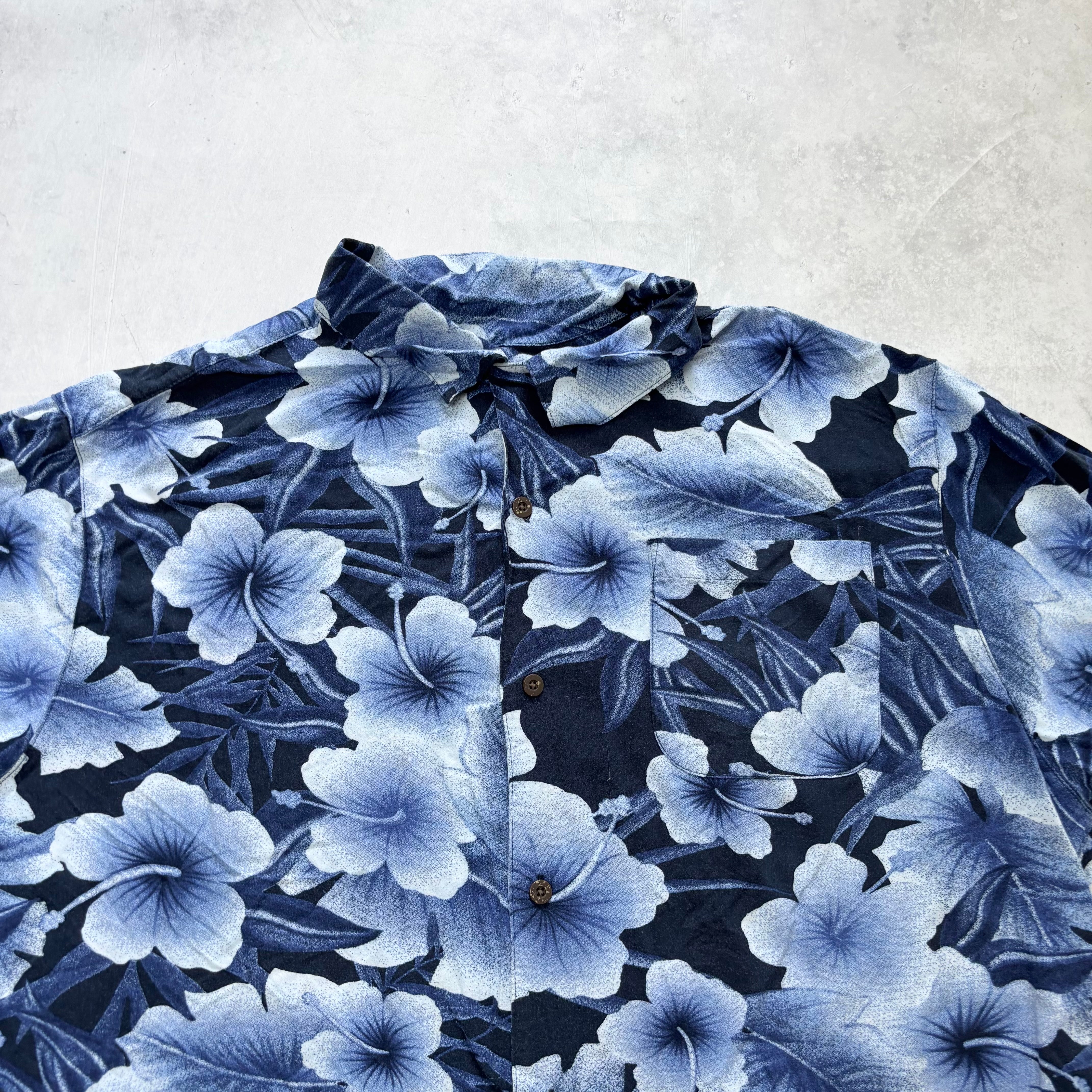 Hawaiian Shirt Mens XXL Blue Floral Aloha Short Sleeve Rayon (E)
