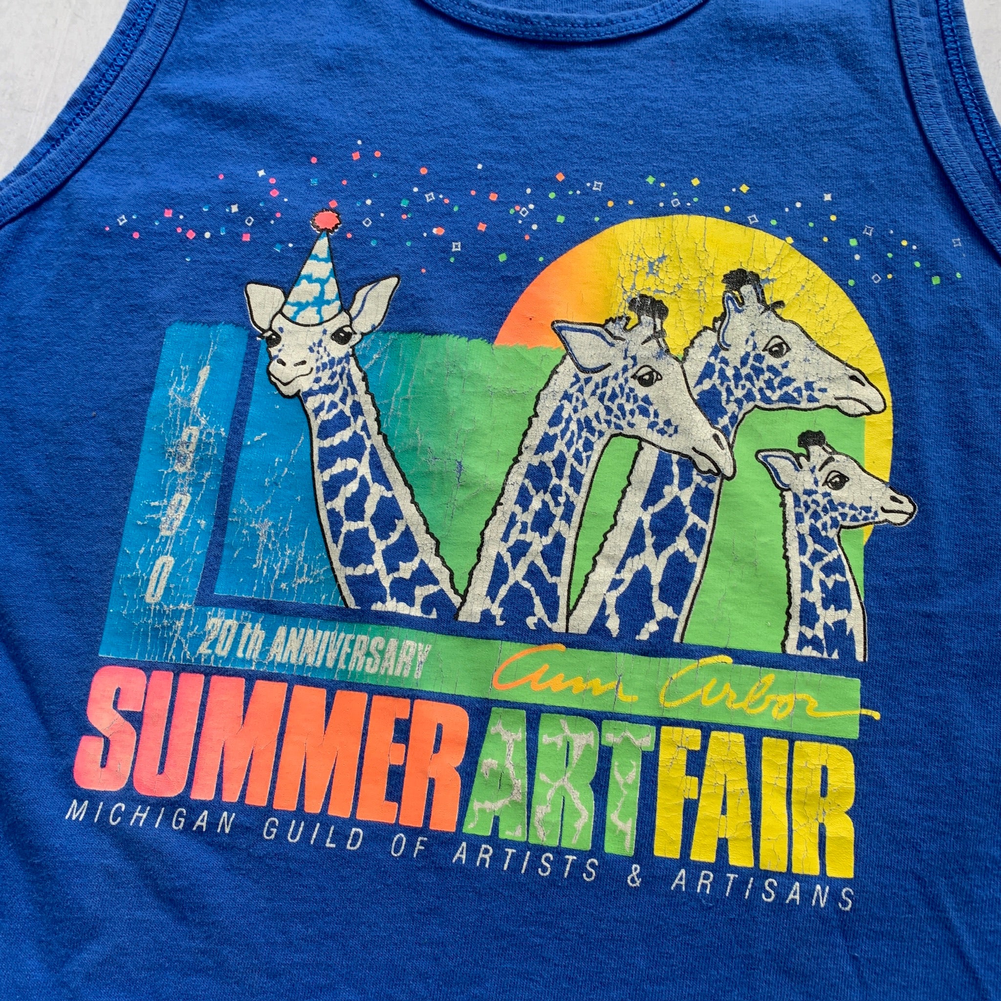 Vintage T Shirt Mens Large Blue Vest Single Stitch Graphic Print 90s USA Arts