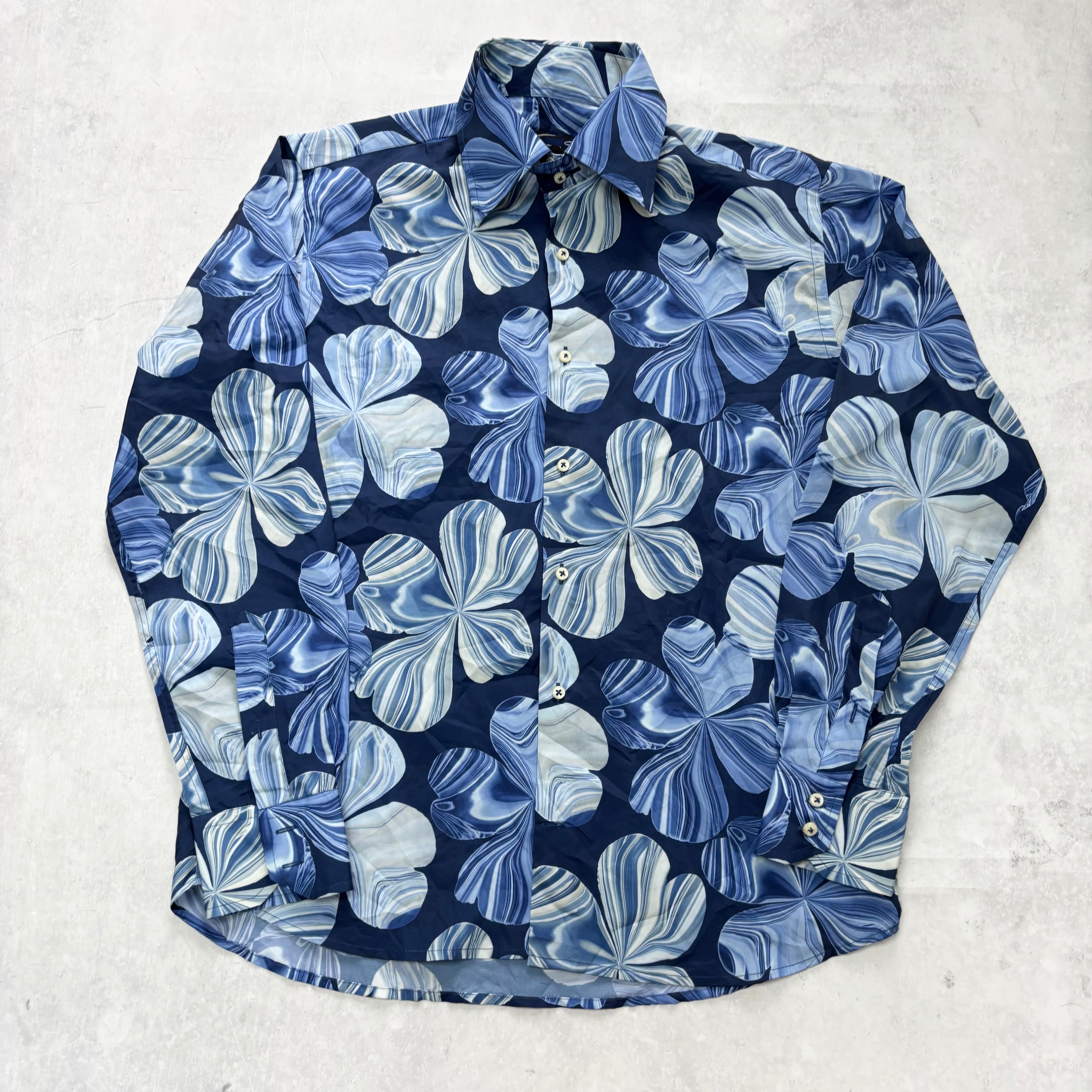 Hawaiian Shirt Mens Large Blue Floral Aloha Long Sleeve Polyester (E)
