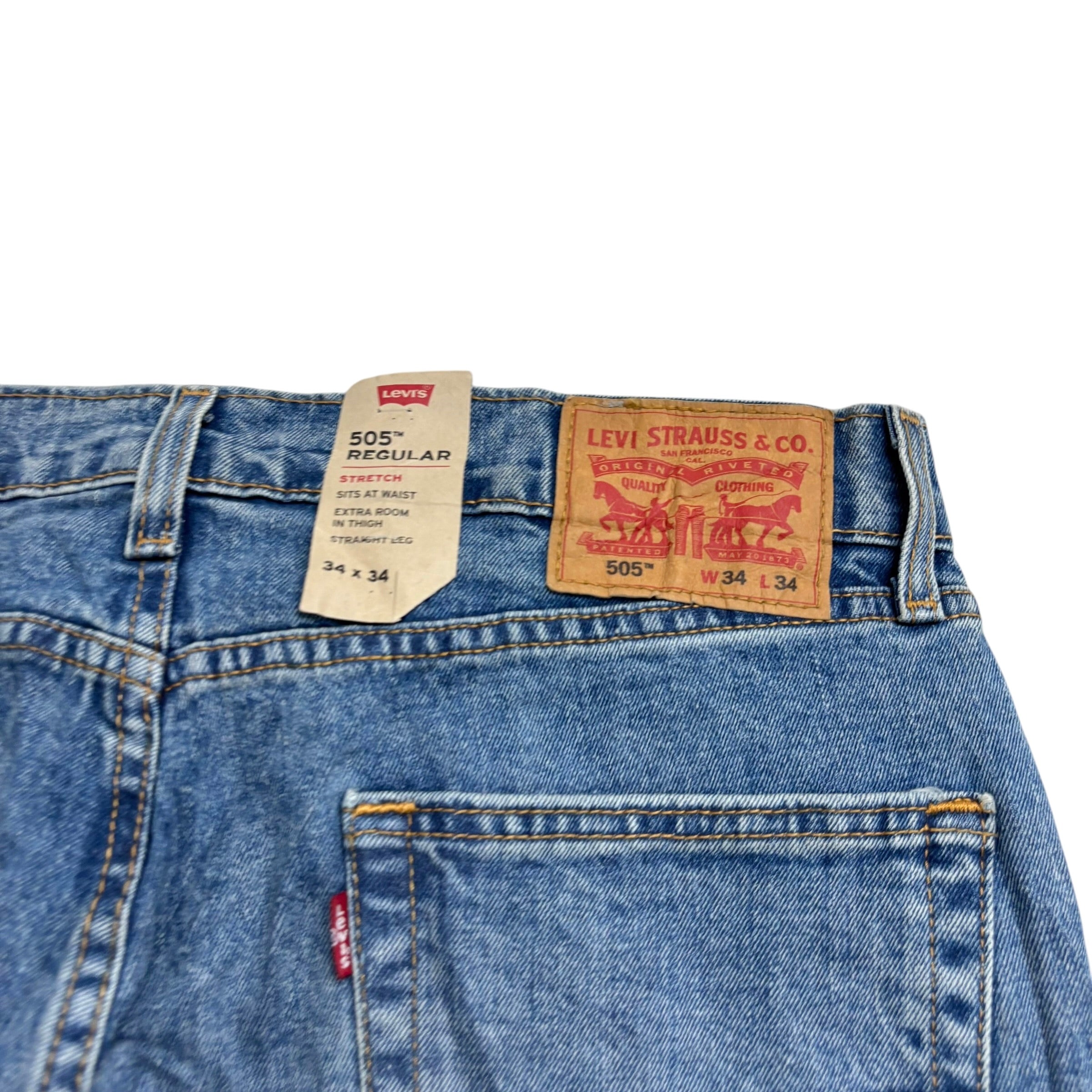 Levis 505 Jeans W34 L34 Mens Mid Blue Regular Straight Fit Stretch Denim (E)