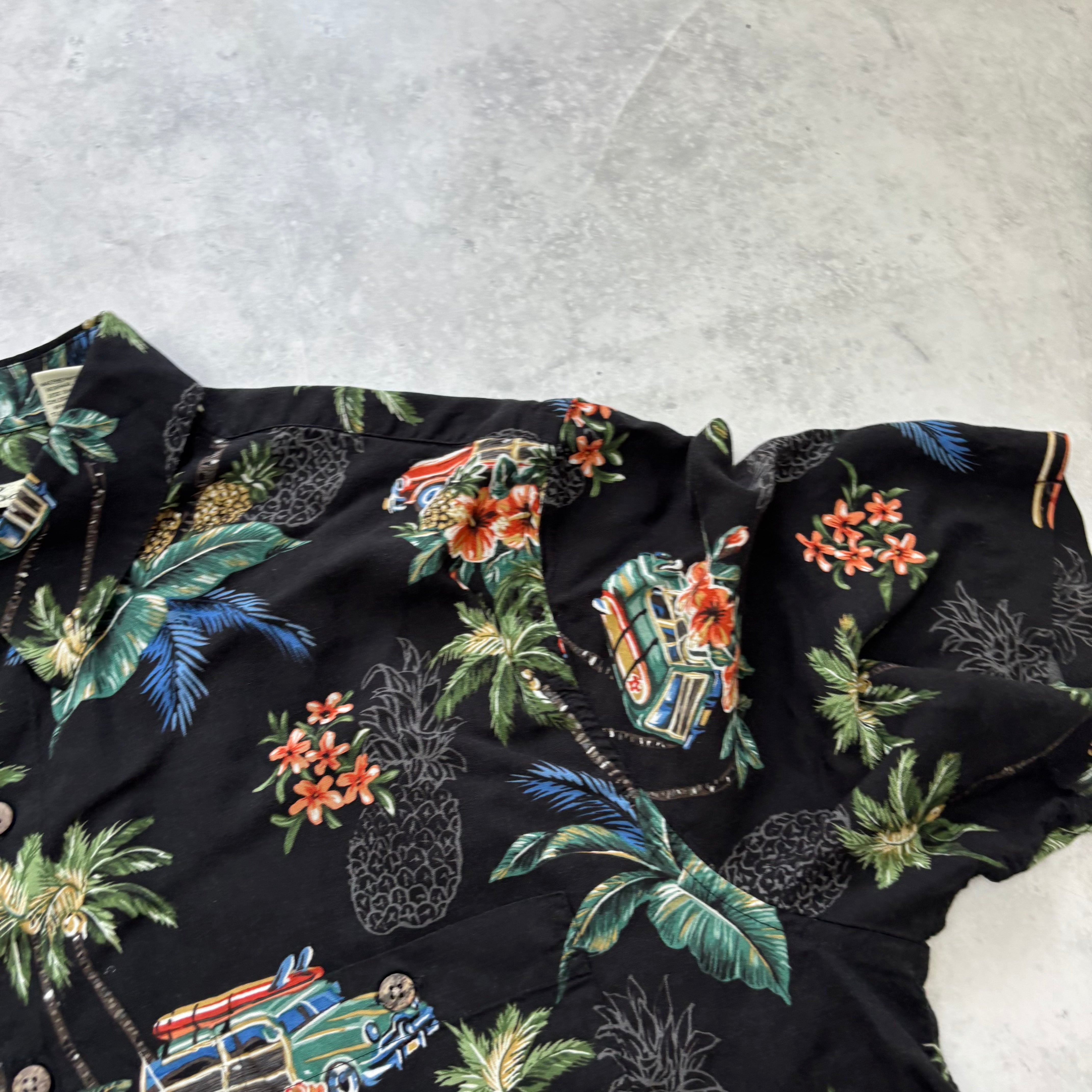 Vintage Hawaiian Shirt Mens Large Black Floral Aloha Short Sleeve Rayon (E)