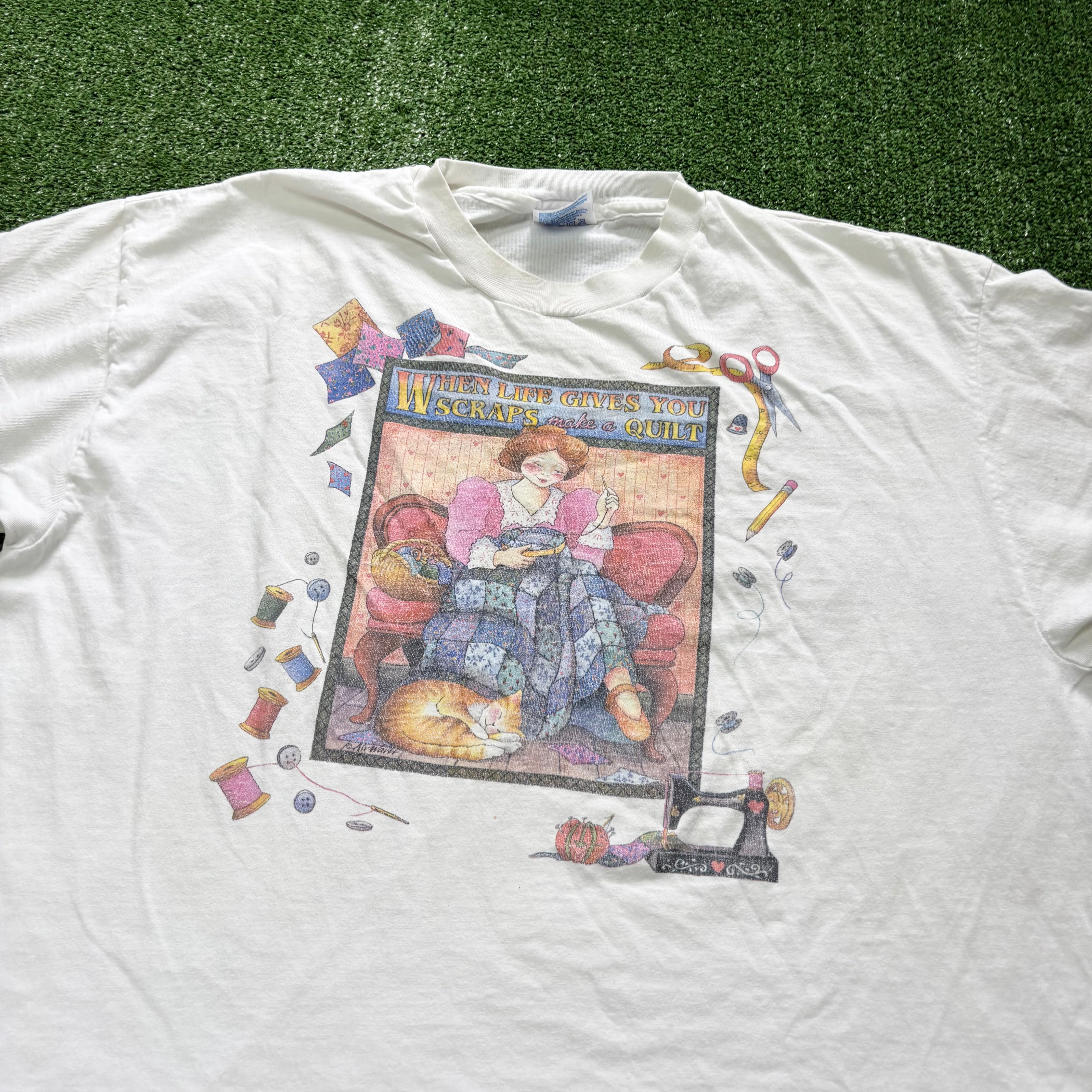 Vintage T Shirt Mens XL White Single Stitch Graphic Print 90s USA Sewing