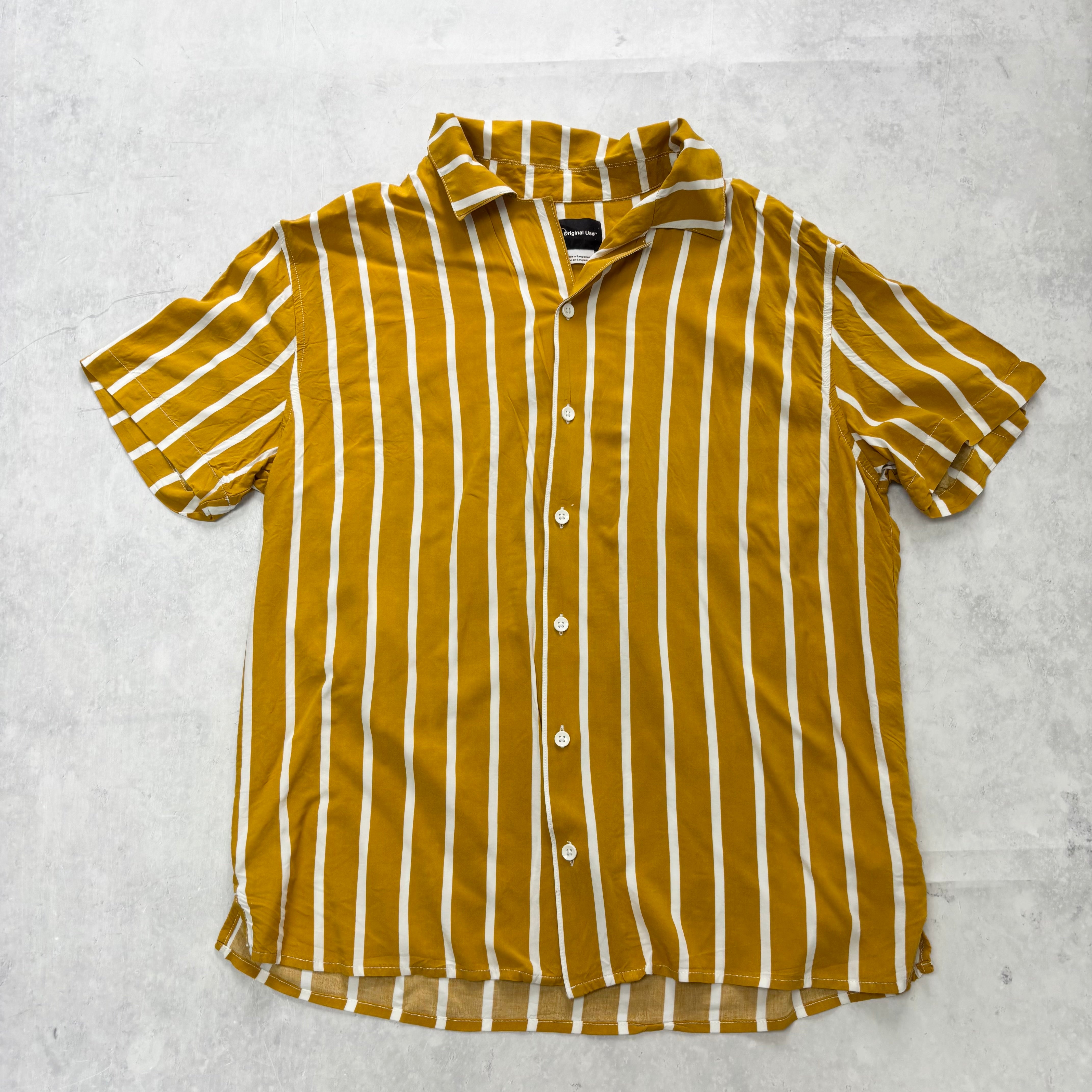 Mens Striped Shirt Medium Yellow Short Sleeve Rayon