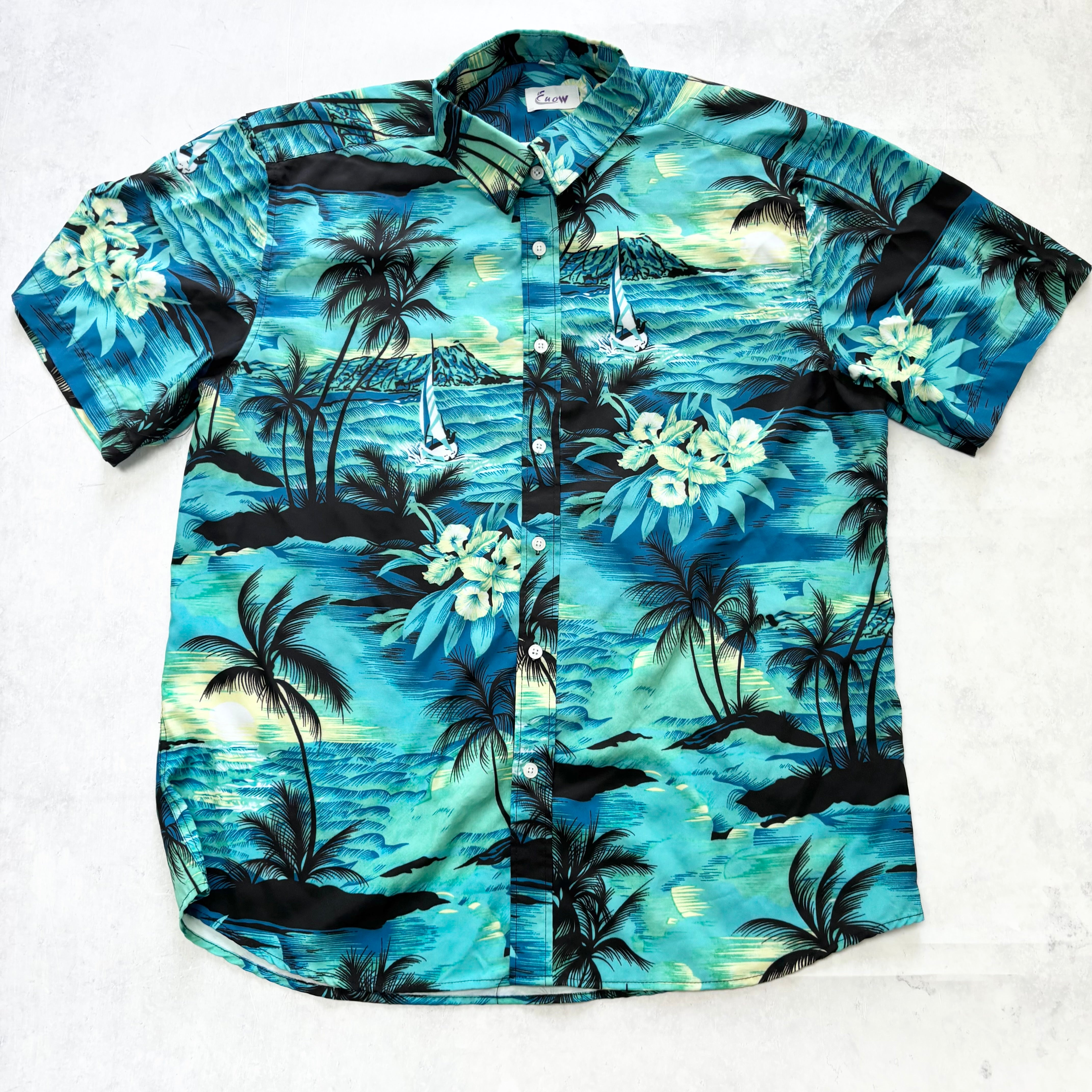 Hawaiian Shirt Mens Large Blue Floral Aloha Short Sleeve Polyester (E)
