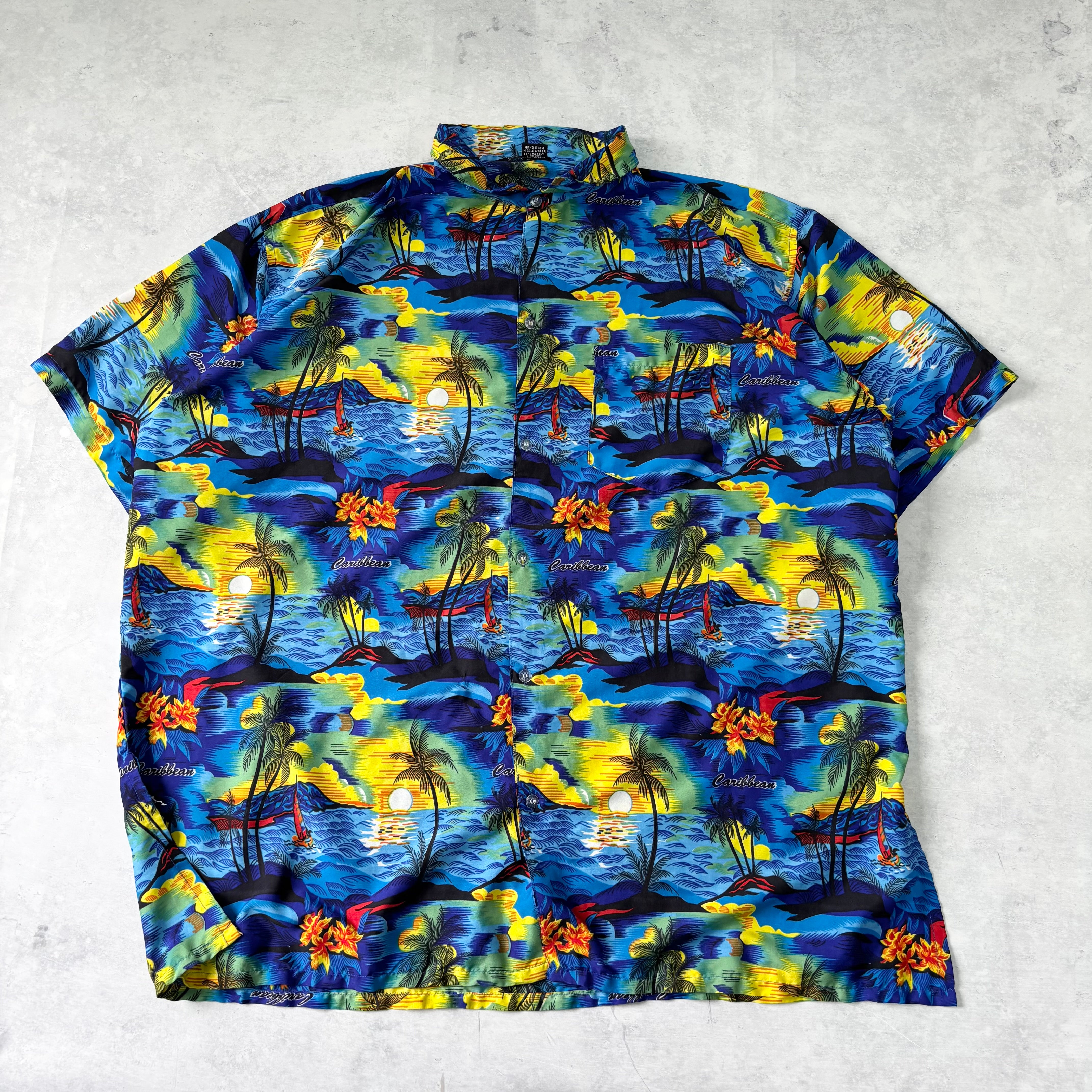 Hawaiian Shirt Mens XXL Blue Floral Aloha Short Sleeve Polyester (E)