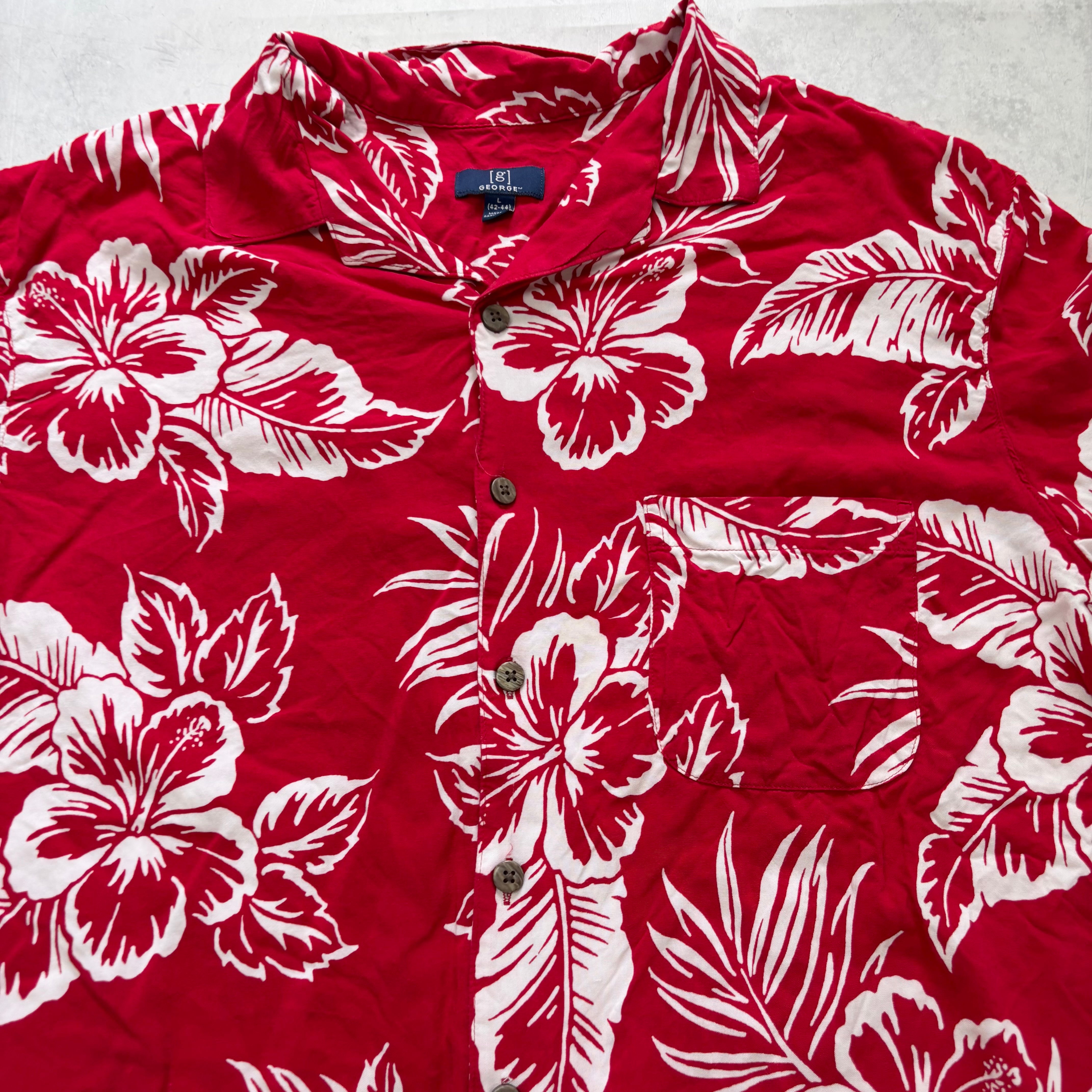 Hawaiian Shirt Mens Large Red Floral Aloha Short Sleeve Rayon (E)