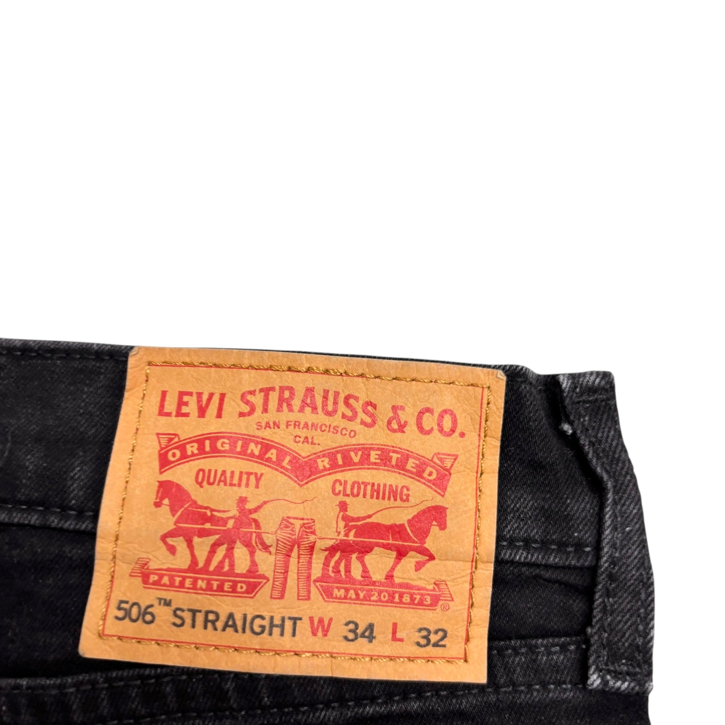 Levis 506 Jeans W34 L32 Mens Black Regular Straight Fit Stretch Denim (E)