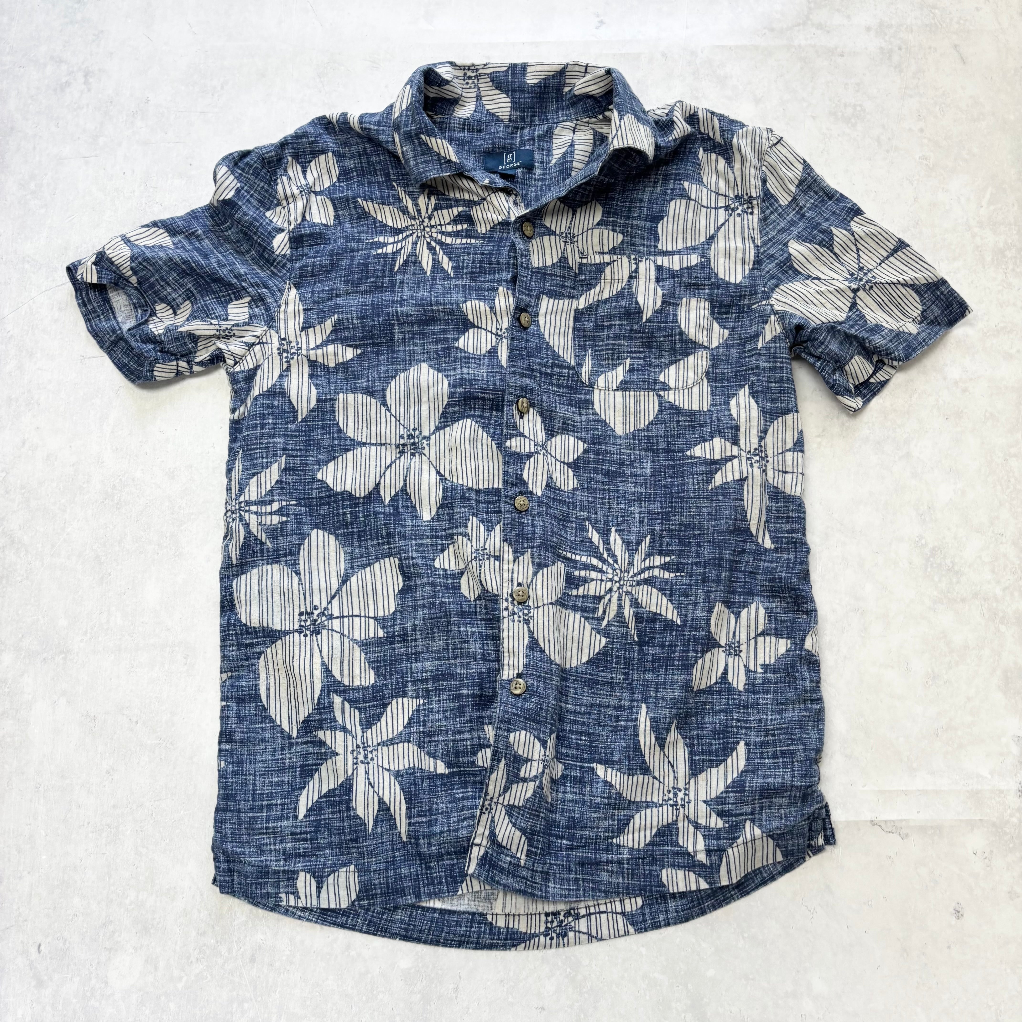 George Hawaiian Shirt Mens Small Blue Floral Aloha Short Sleeve Linen (E)