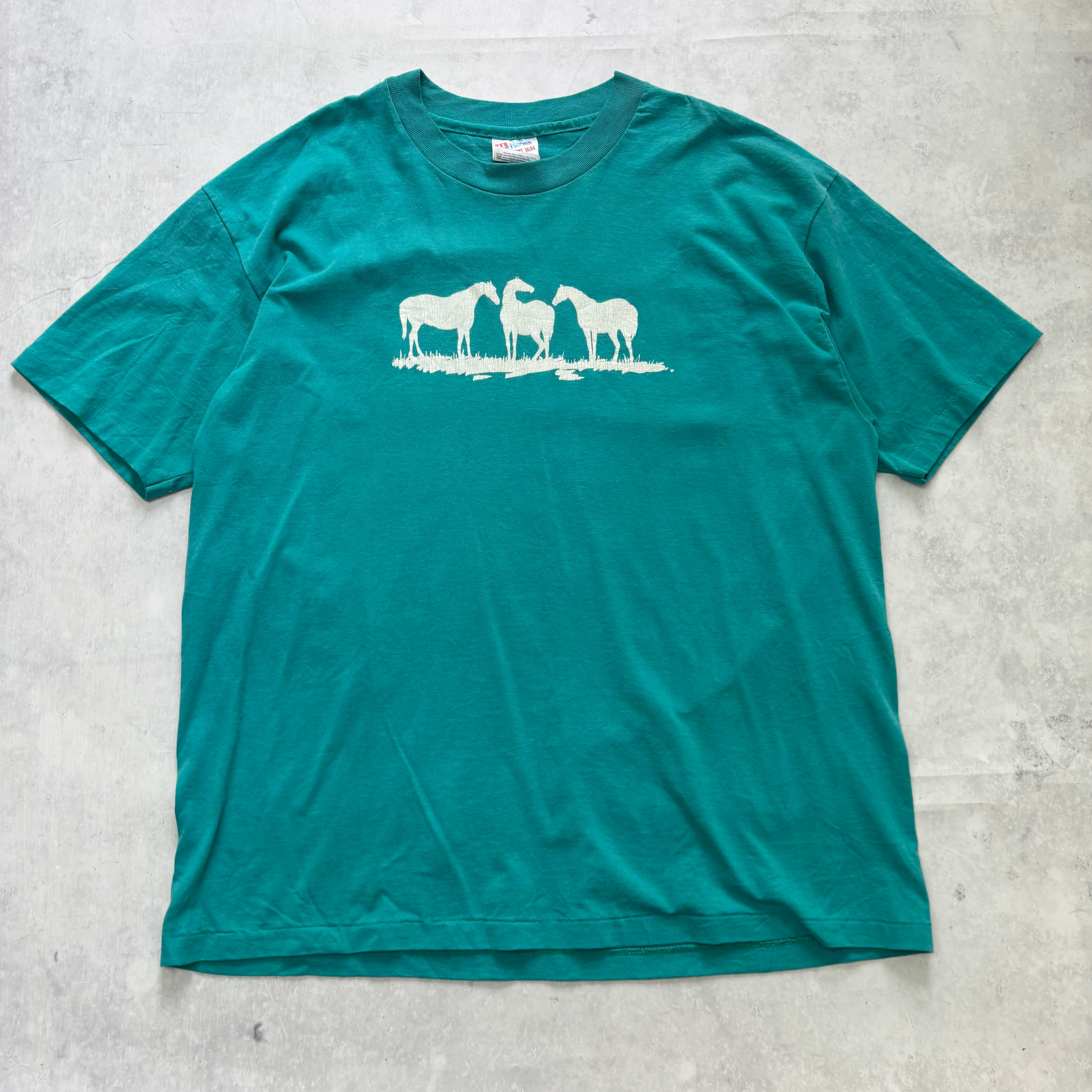 Vintage T Shirt Mens XL Turquoise Blue Single Stitch Graphic Print 90s Horse (E)