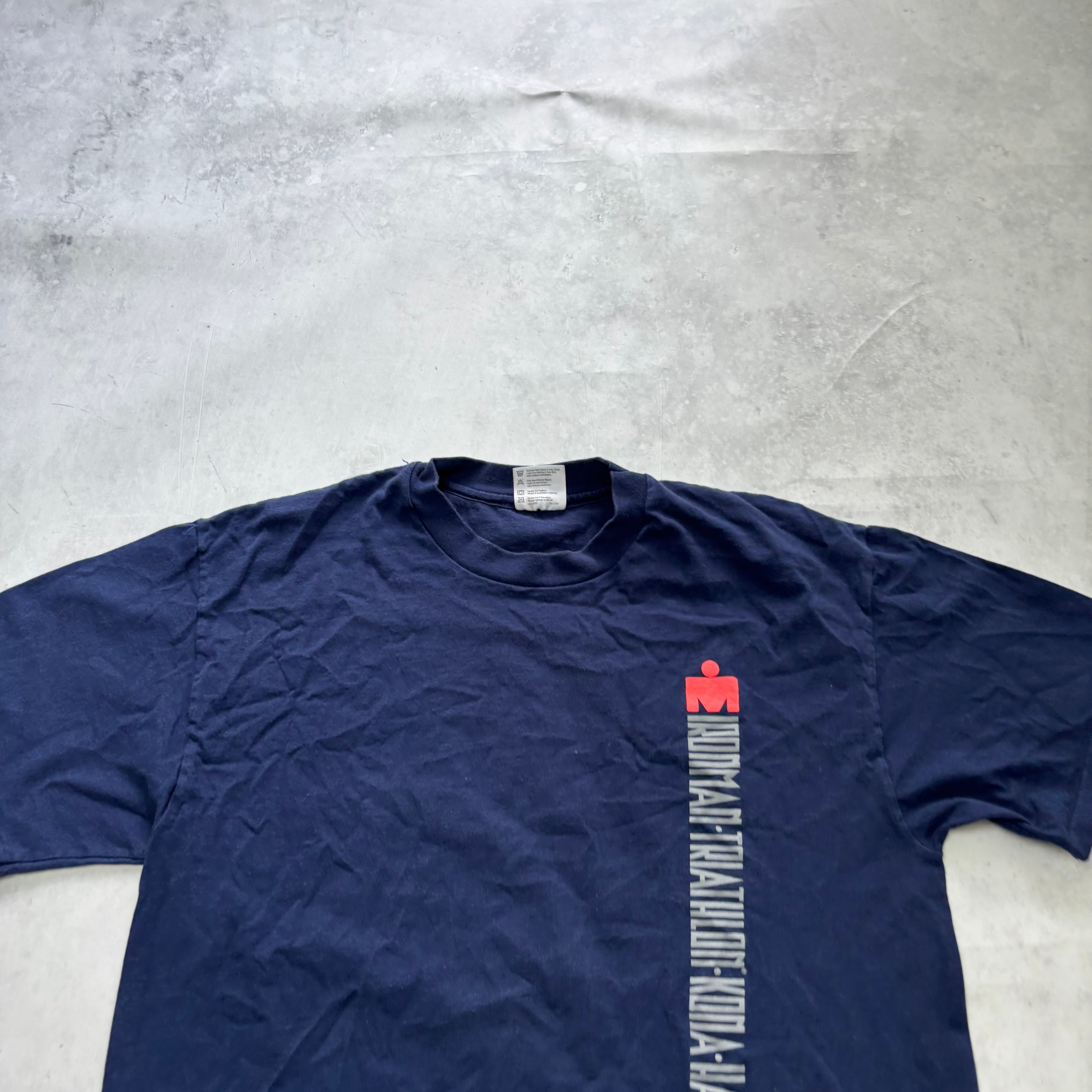 Vintage T Shirt Mens Large Navy Blue Single Stitch Graphic Print 90s Triathlon (E)