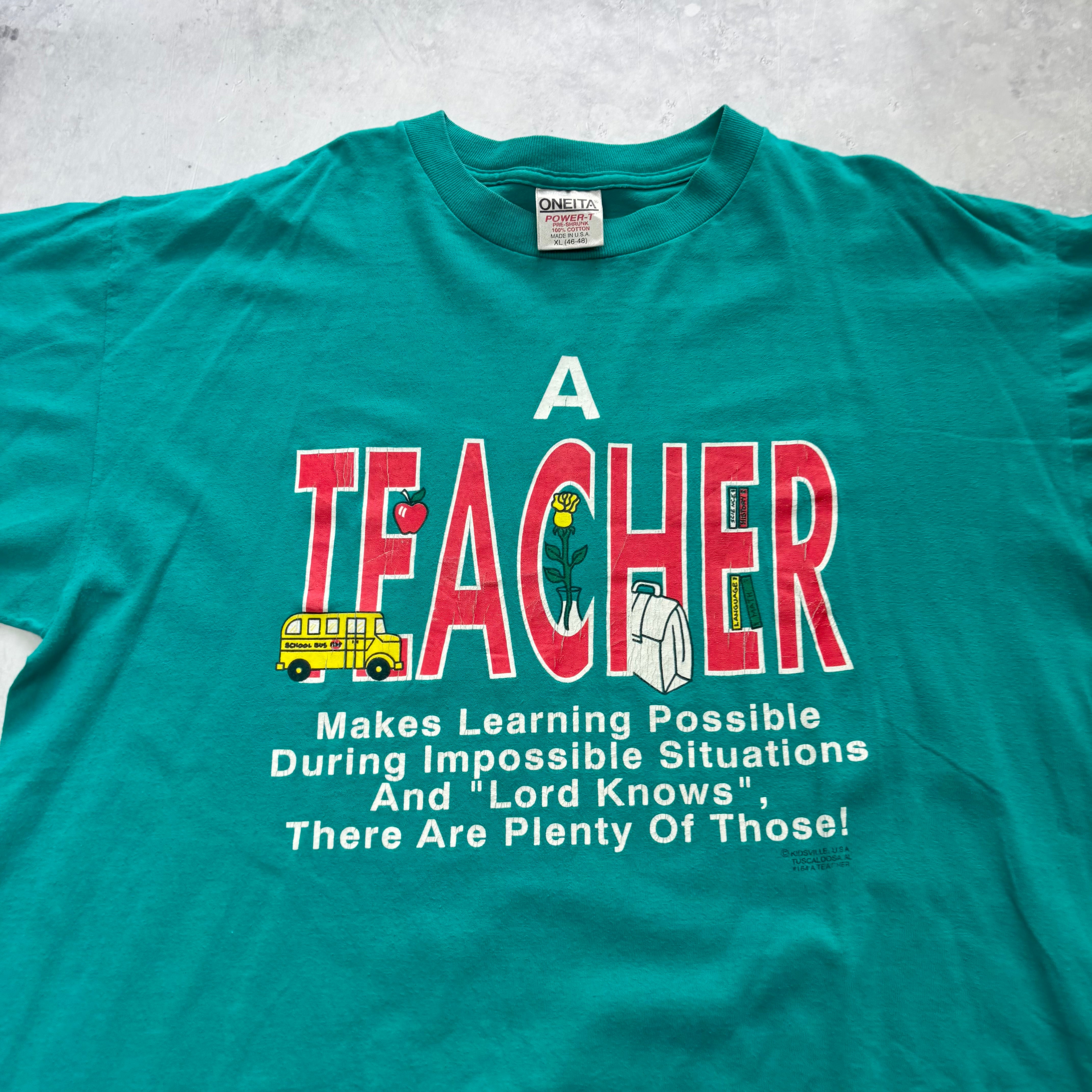 Vintage T Shirt Mens XL Teal Green Single Stitch Graphic Print 90s Teacher (E)