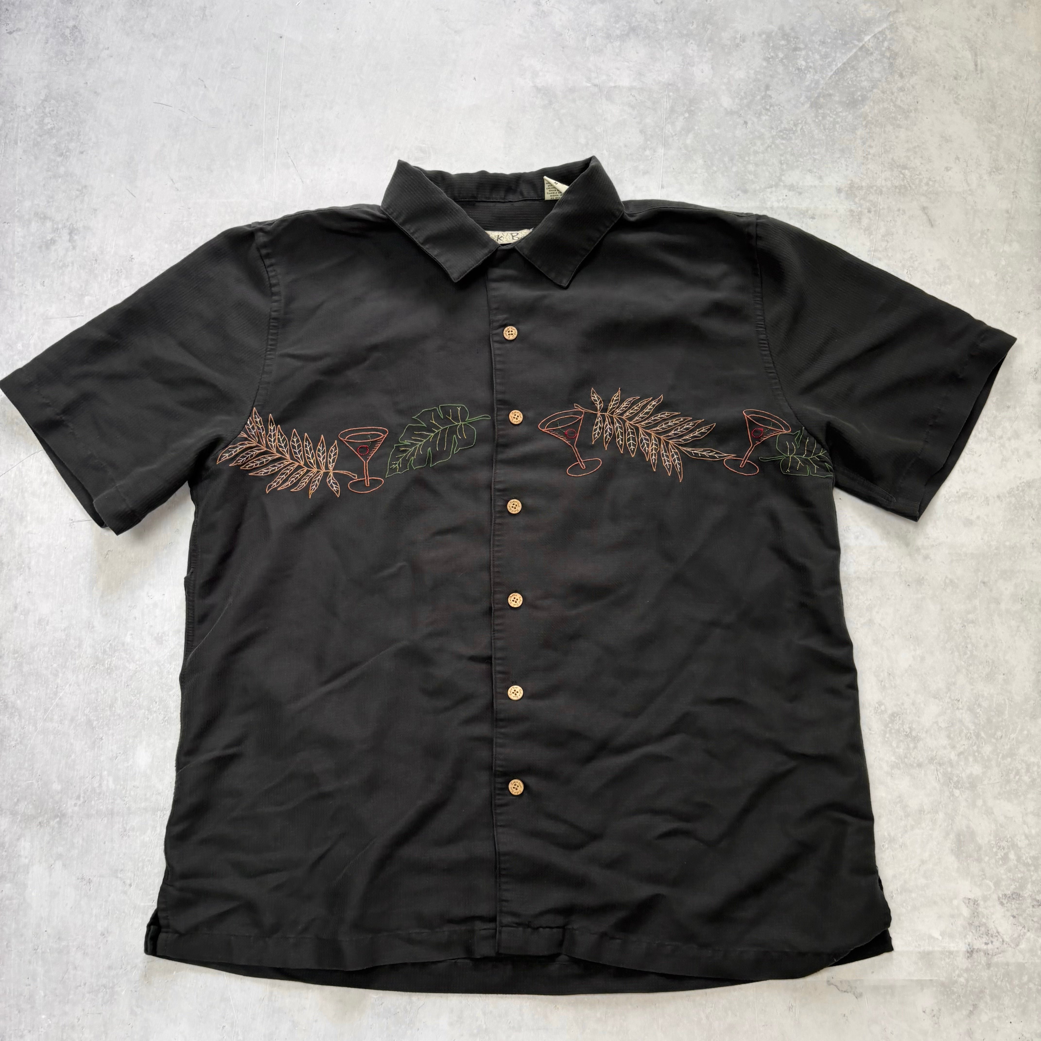 Vintage Hawaiian Shirt Mens Medium Black Floral Aloha Short Sleeve Rayon (E)