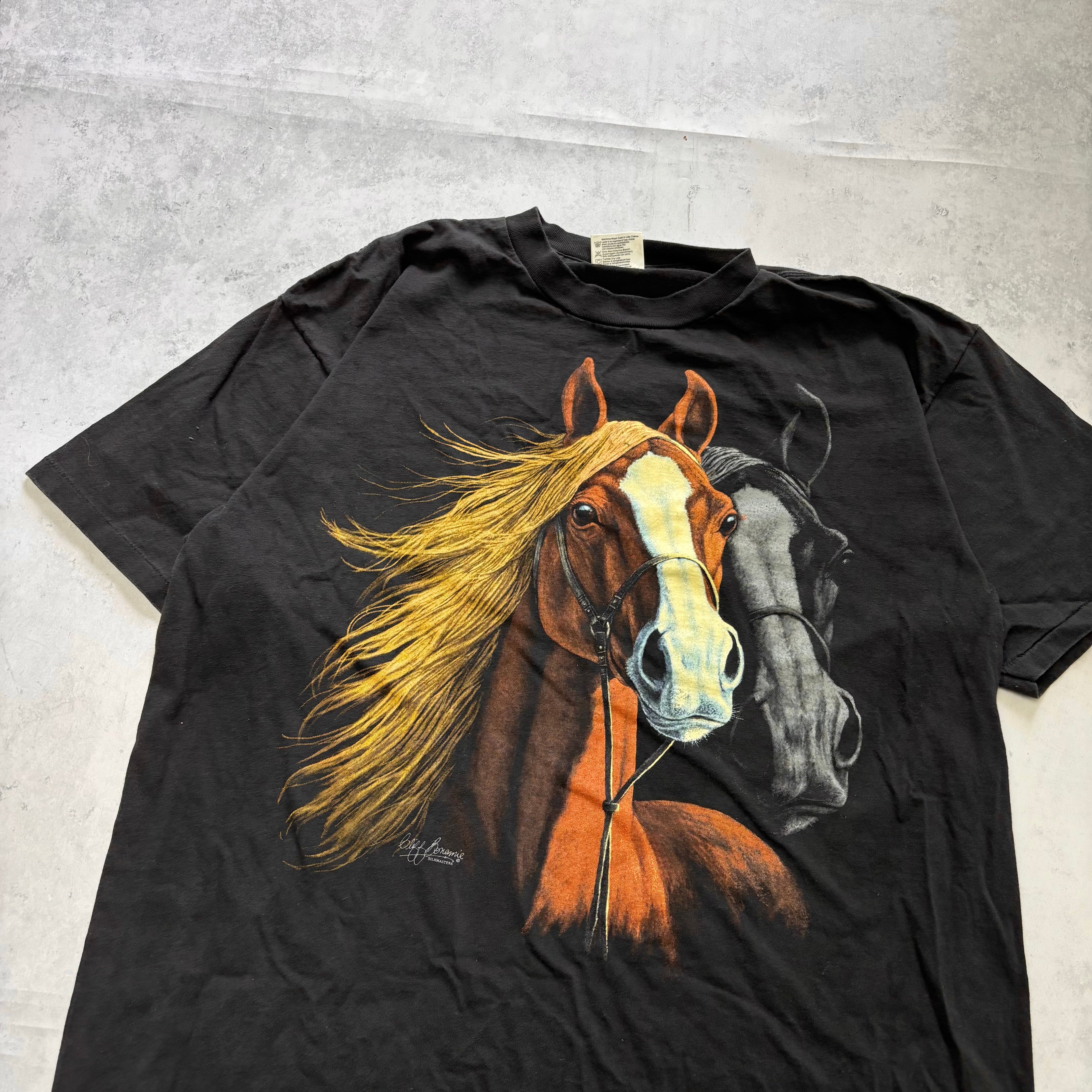 Vintage T Shirt Mens XL Black Single Stitch Graphic Print 90s USA Horses (E)