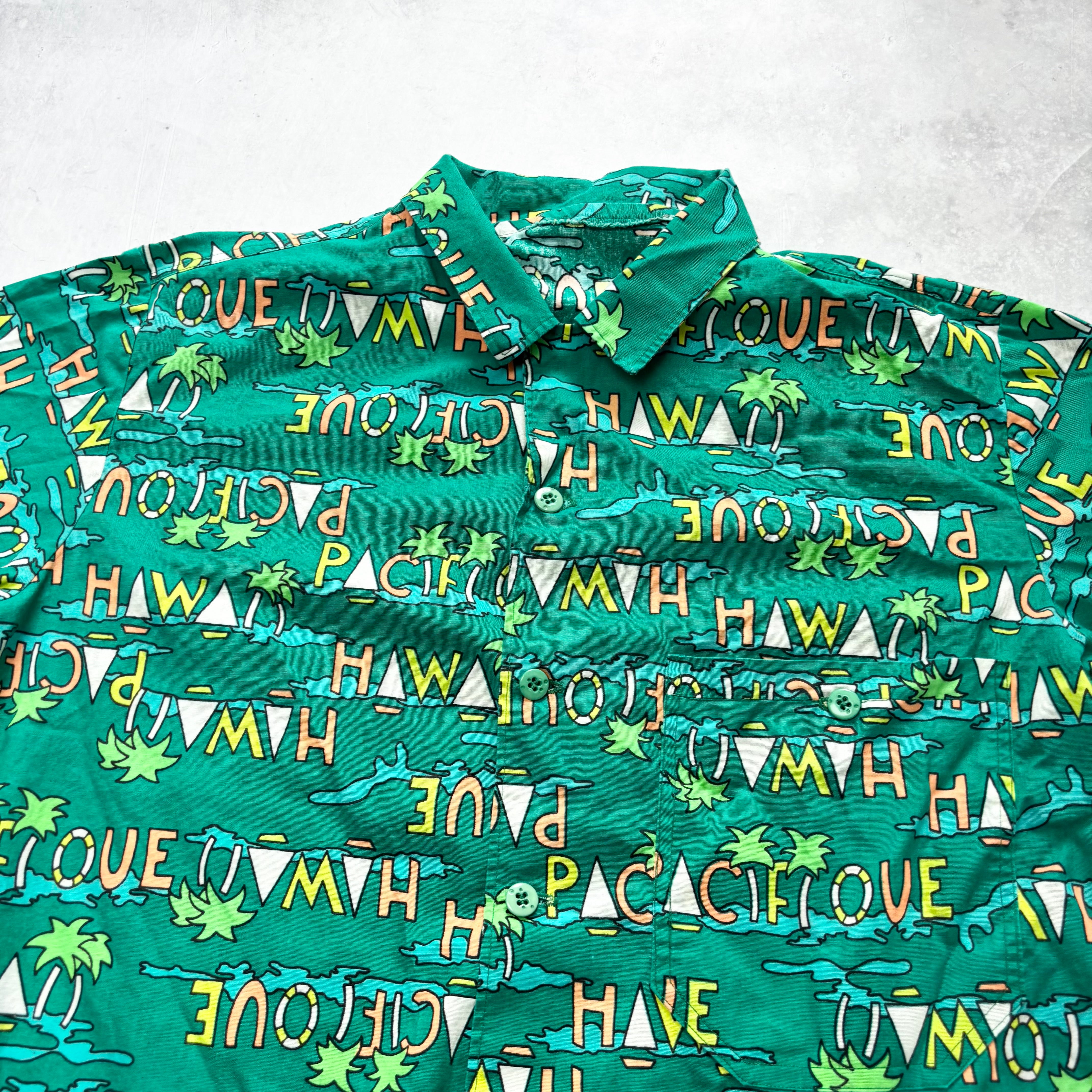 Vintage Hawaiian Shirt Mens Large Green Aloha Short Sleeve (E)