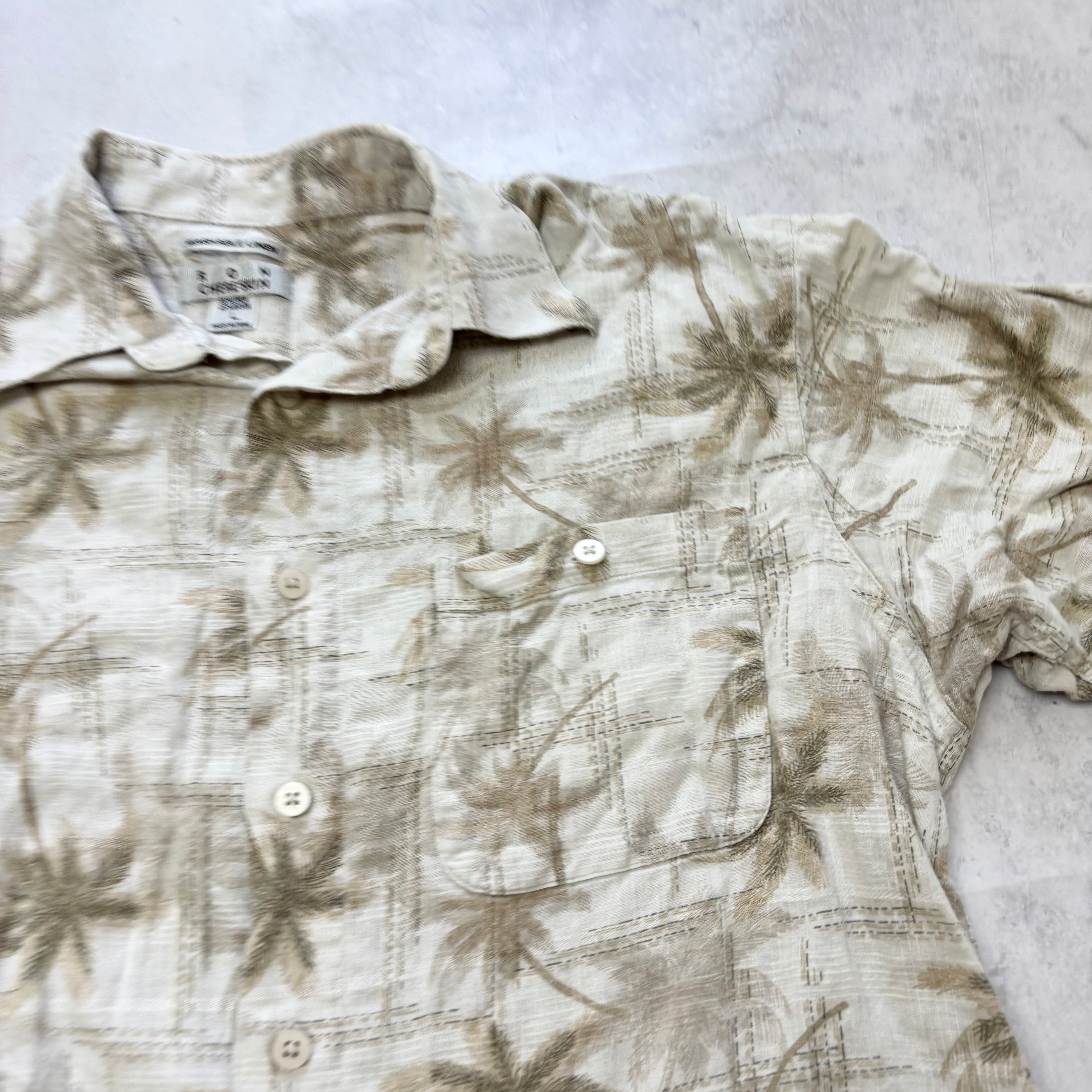 Vintage Hawaiian Shirt Mens Large Beige Linen Floral Aloha Short Sleeve (E)