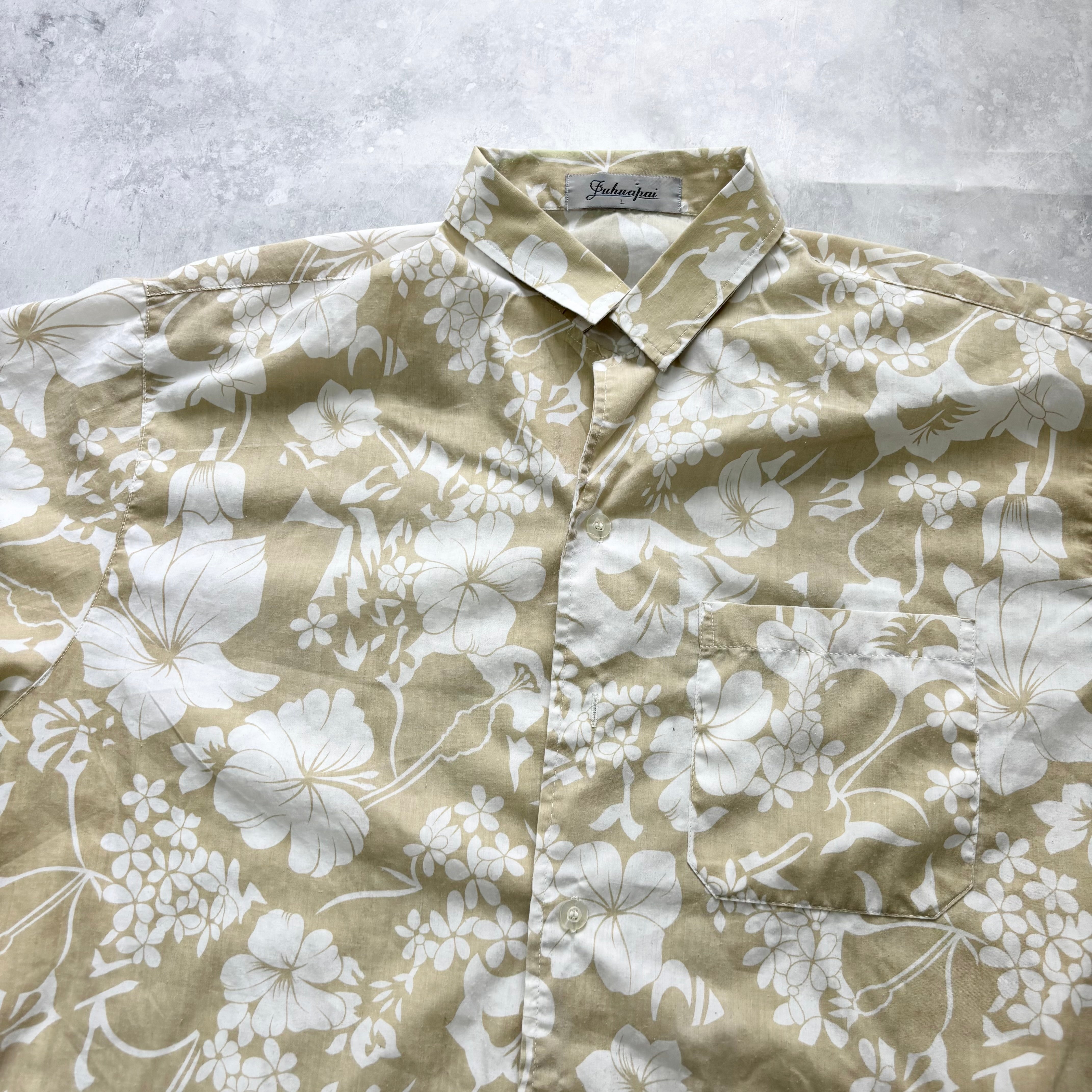 Vintage Hawaiian Shirt Mens Large Beige Floral Aloha Short Sleeve (F)