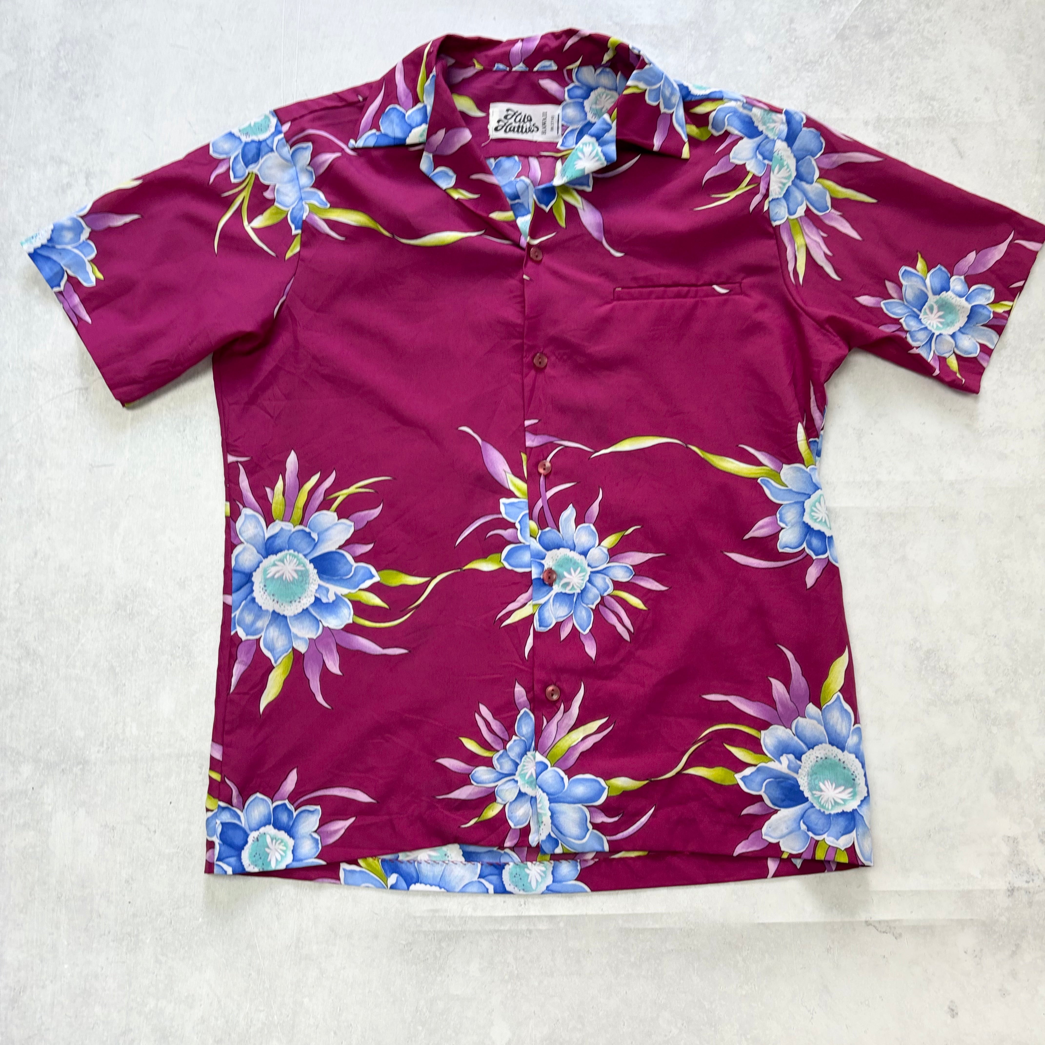 Hawaiian Shirt Mens Medium Purple Floral Aloha Short Sleeve Polyester (E)