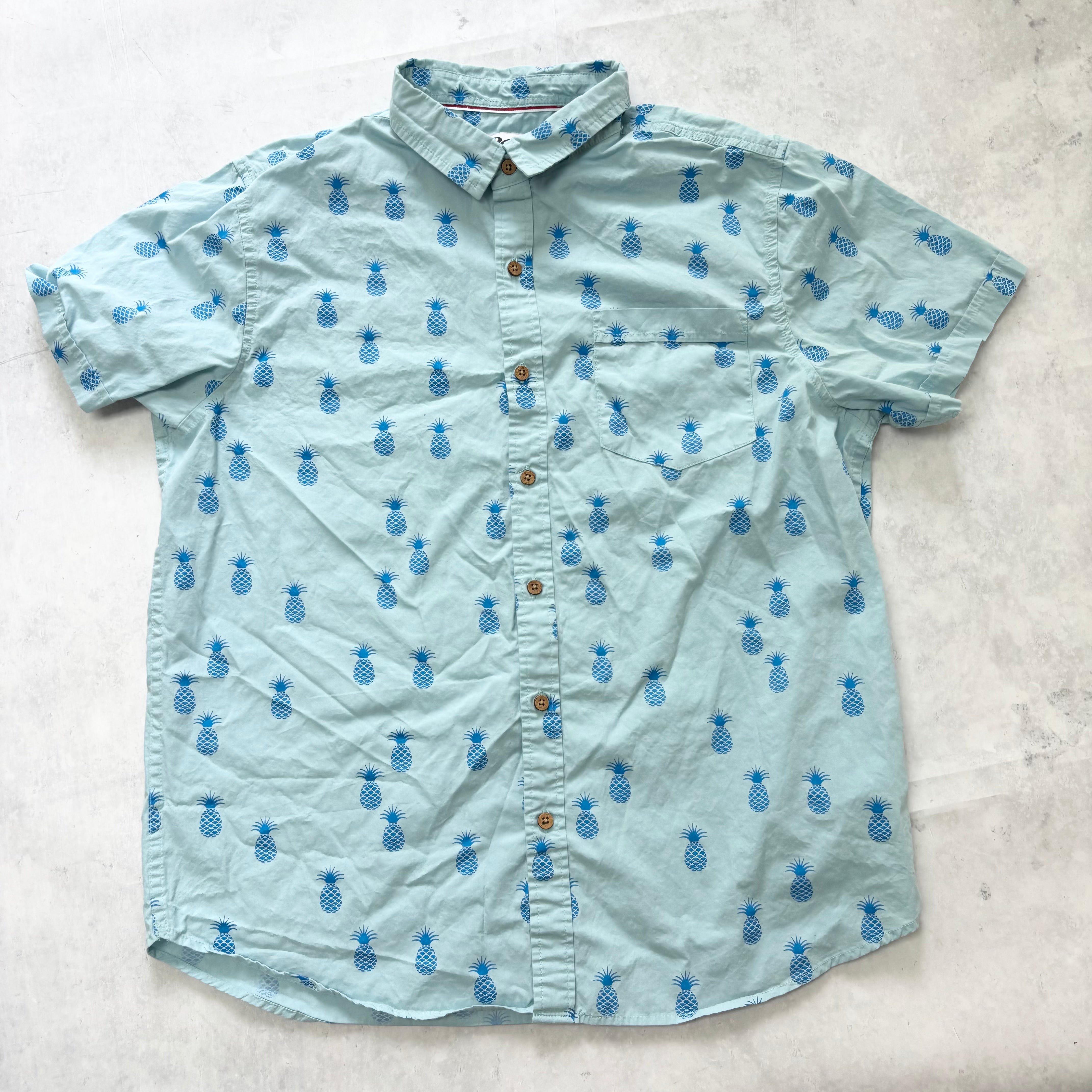 Hawaiian Shirt Mens Large Blue Floral Aloha Short Sleeve Cotton Funky (E)