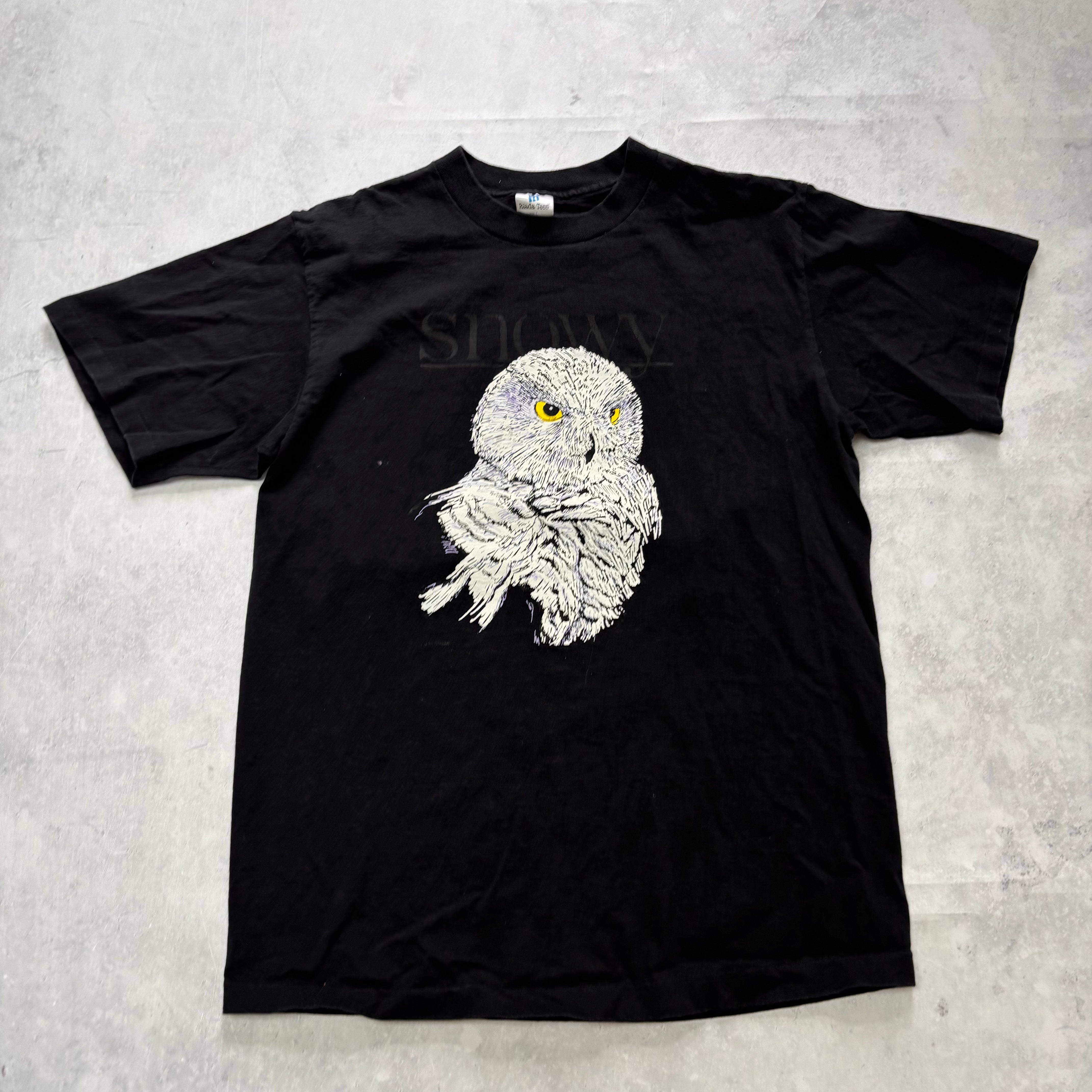 Vintage T Shirt Mens Medium Black Single Stitch Graphic Print 90s Owl (E)