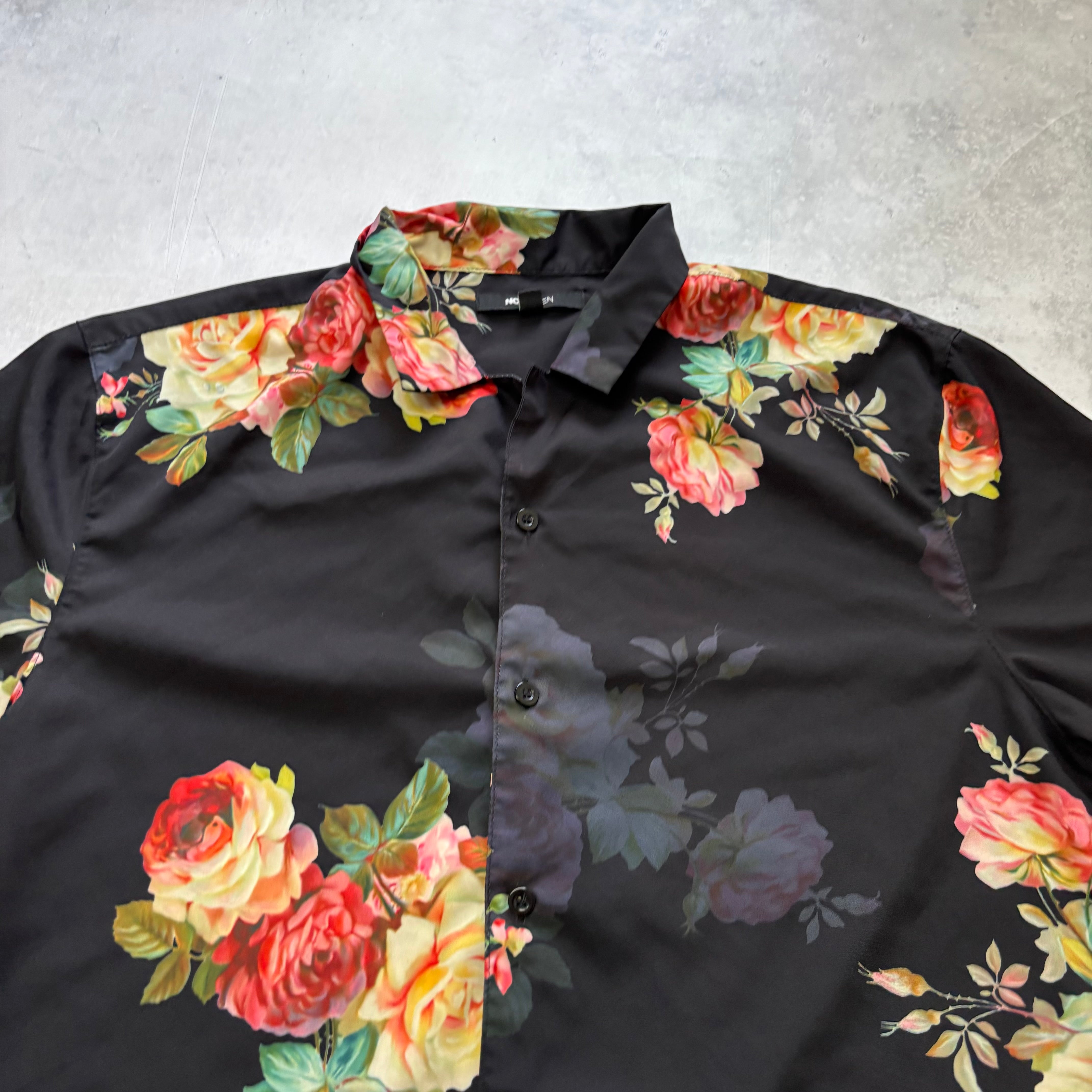 Hawaiian Shirt Mens Large Black Floral Aloha Short Sleeve Lightweight Polyester (E)