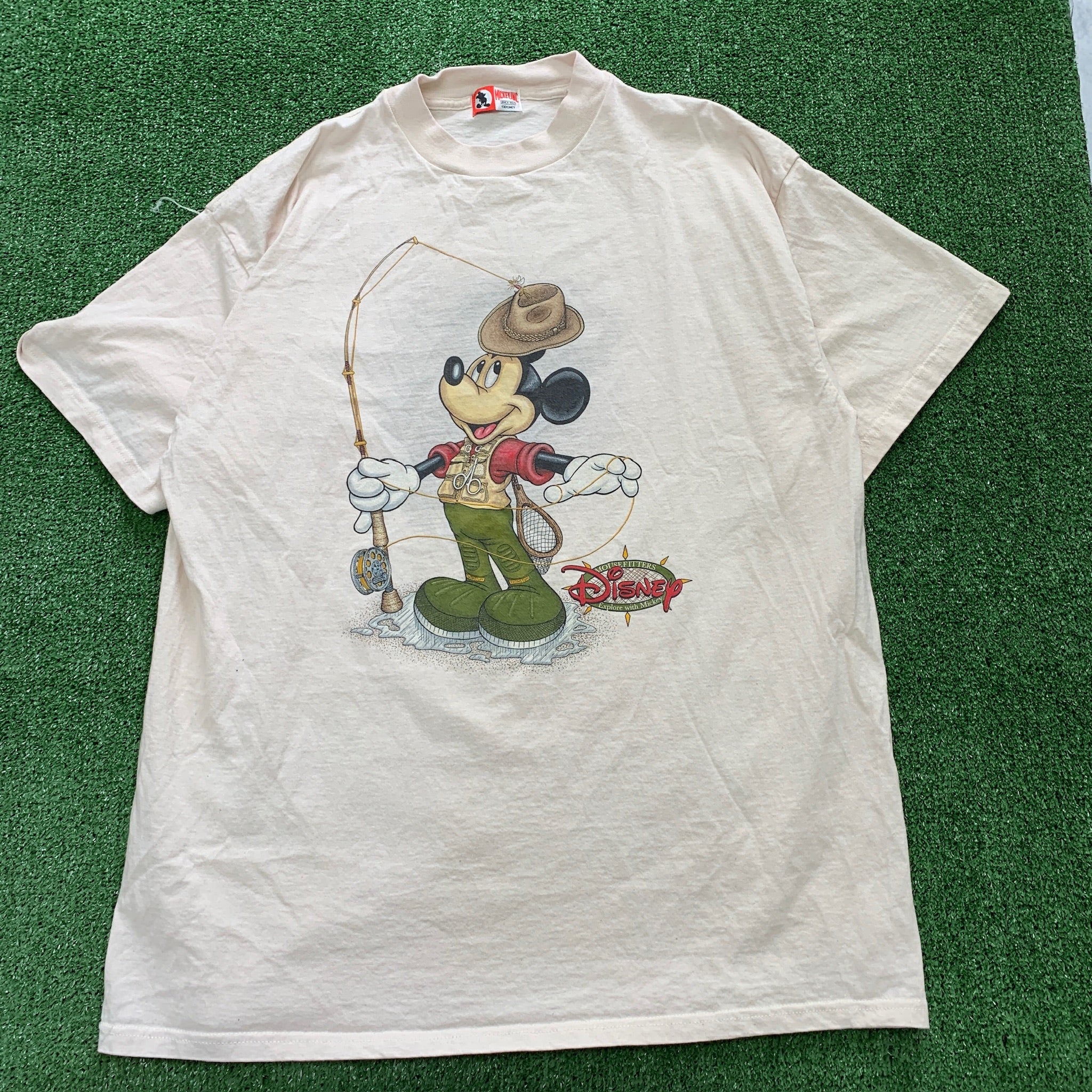 Vintage T Shirt Mens XL Beige Tan Graphic Print 90s Disney Mickey Cartoon