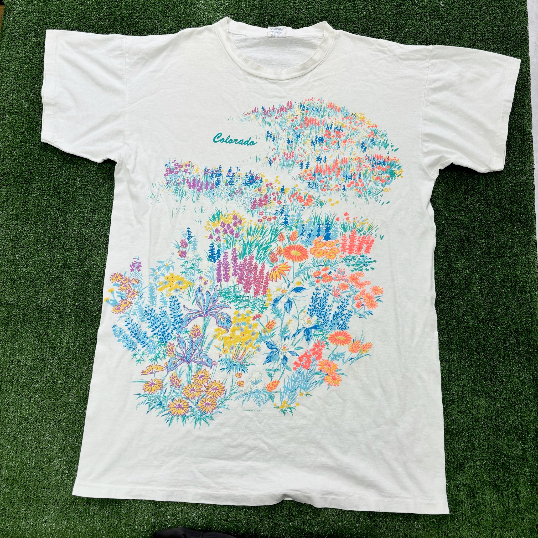 Vintage T Shirt Mens One Size White Single Stitch Graphic Print 90s Flowers