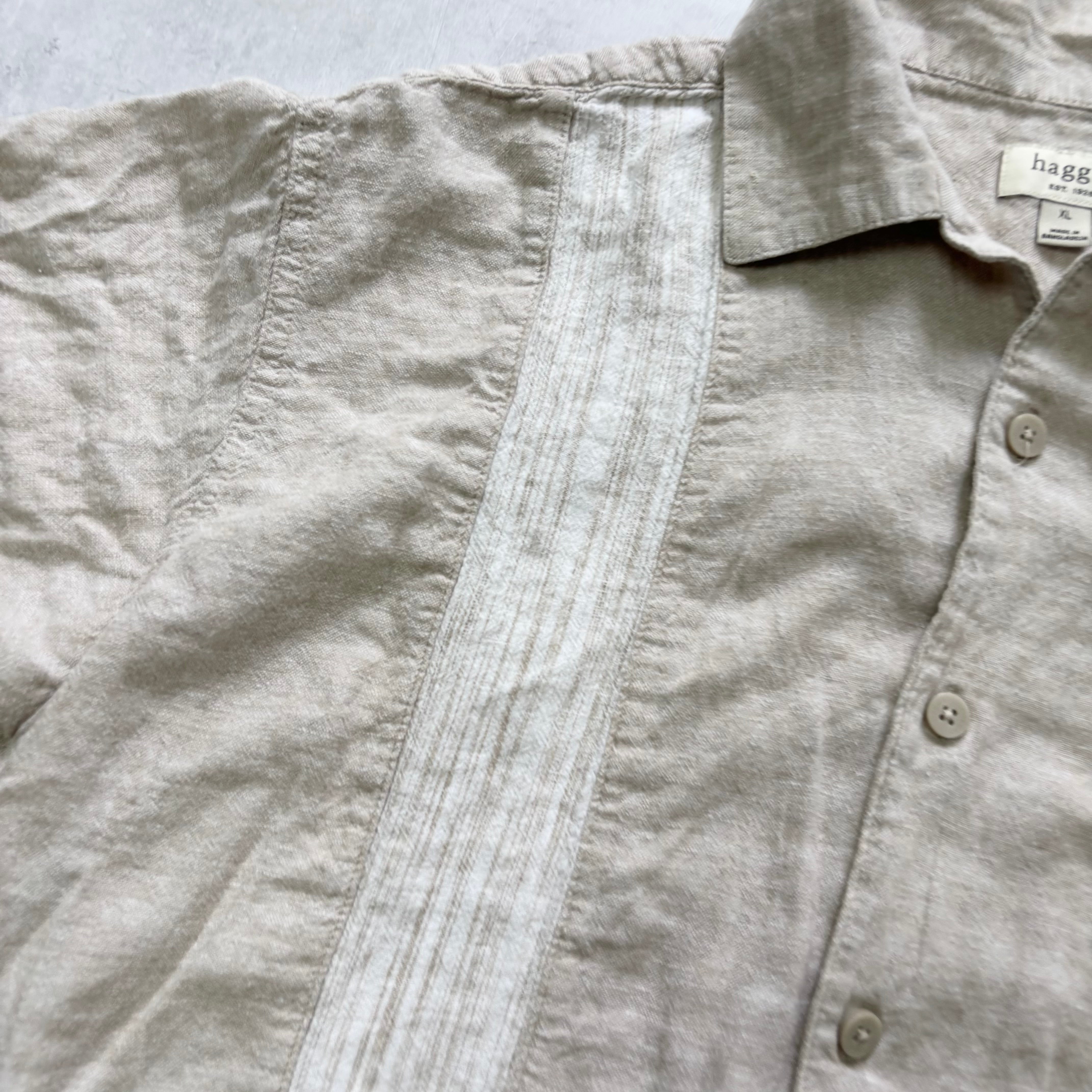 Vintage Shirt Mens XL Beige Striped Short Sleeve Linen Blend (E)