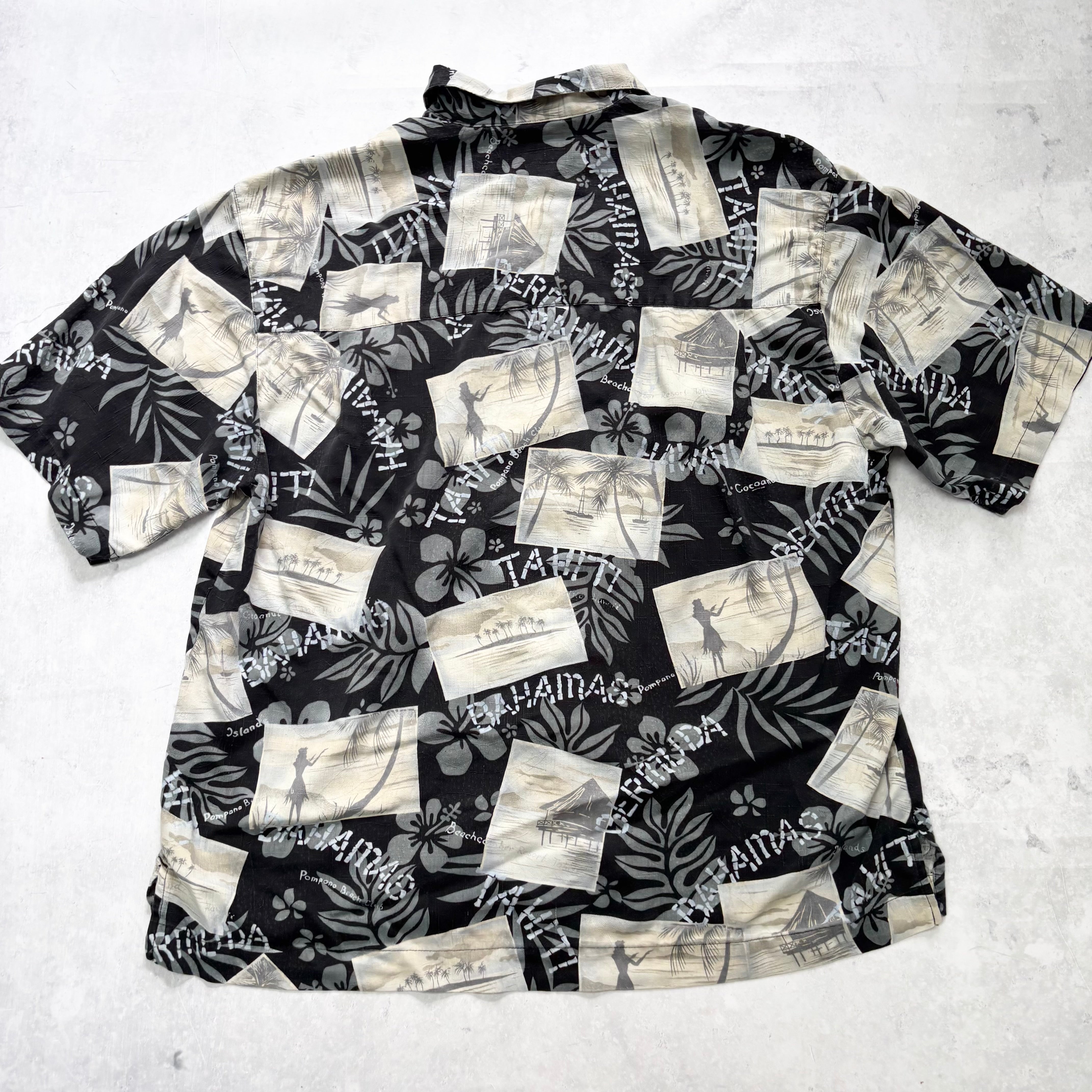 Vintage Hawaiian Shirt Mens Large Black Floral Aloha Short Sleeve Silk (E)