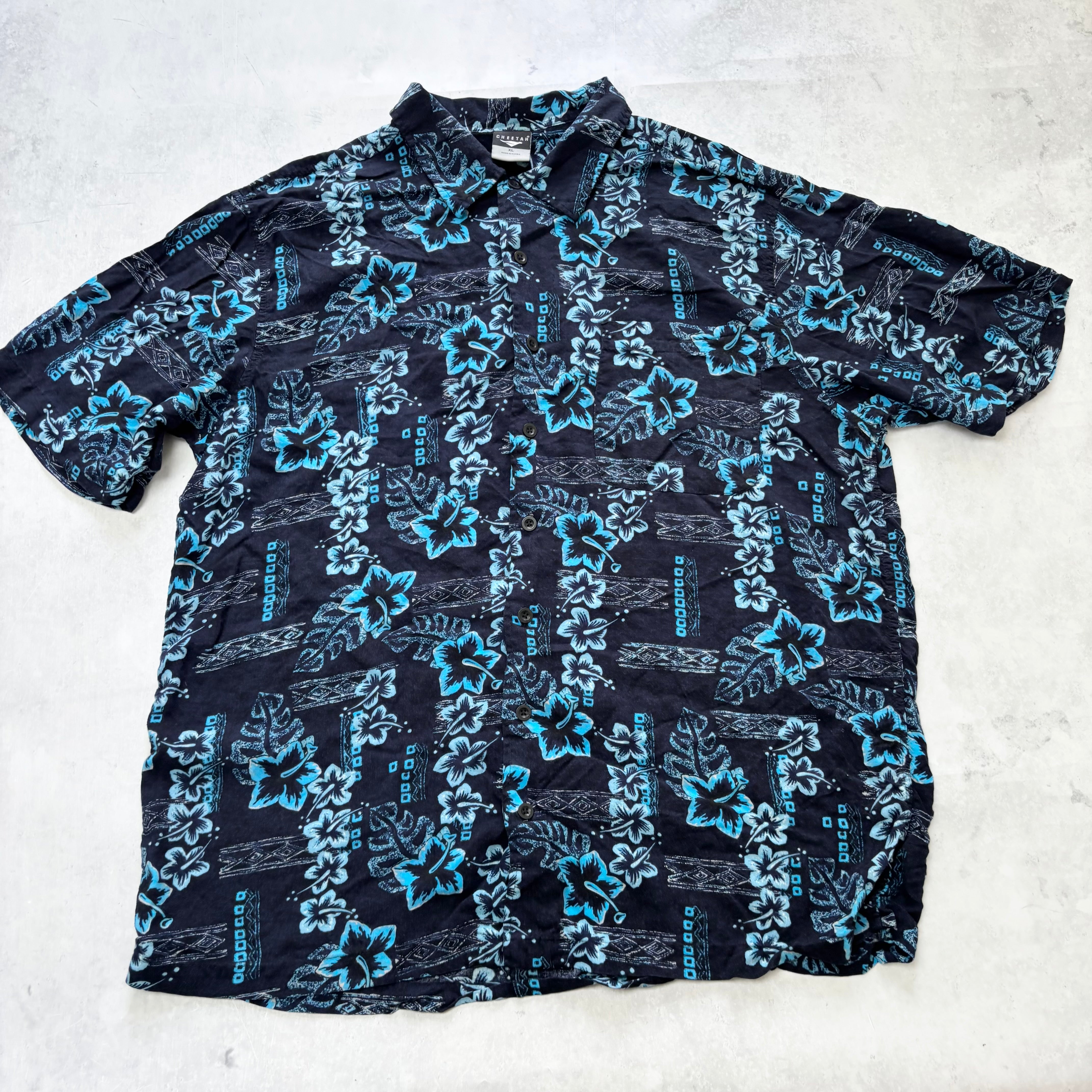 Hawaiian Shirt Mens XL Navy Blue Floral Aloha Short Sleeve Rayon (E)