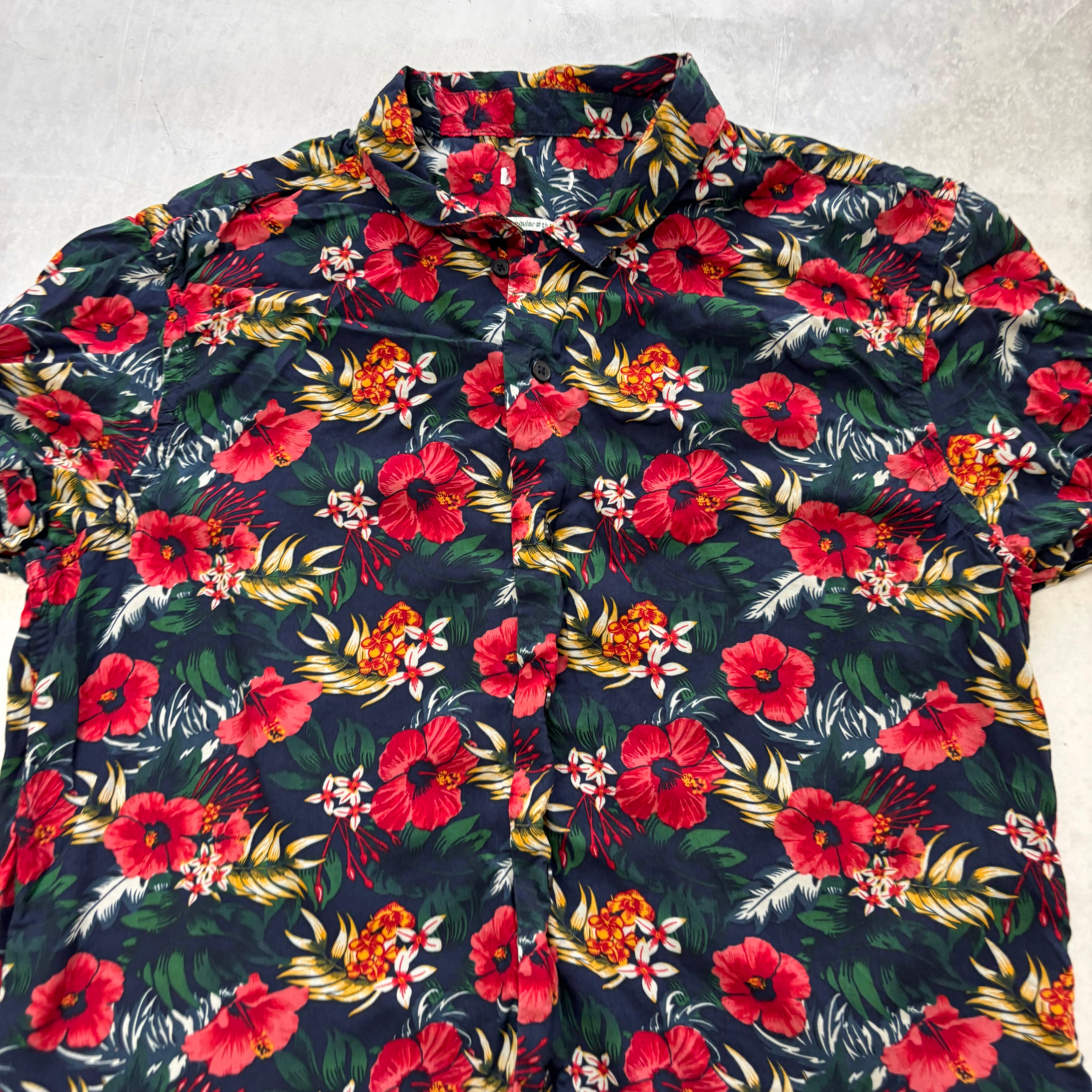 Hawaiian Shirt Mens Large Navy Multi Floral Short Sleeve Viscose Slim Fit (E)
