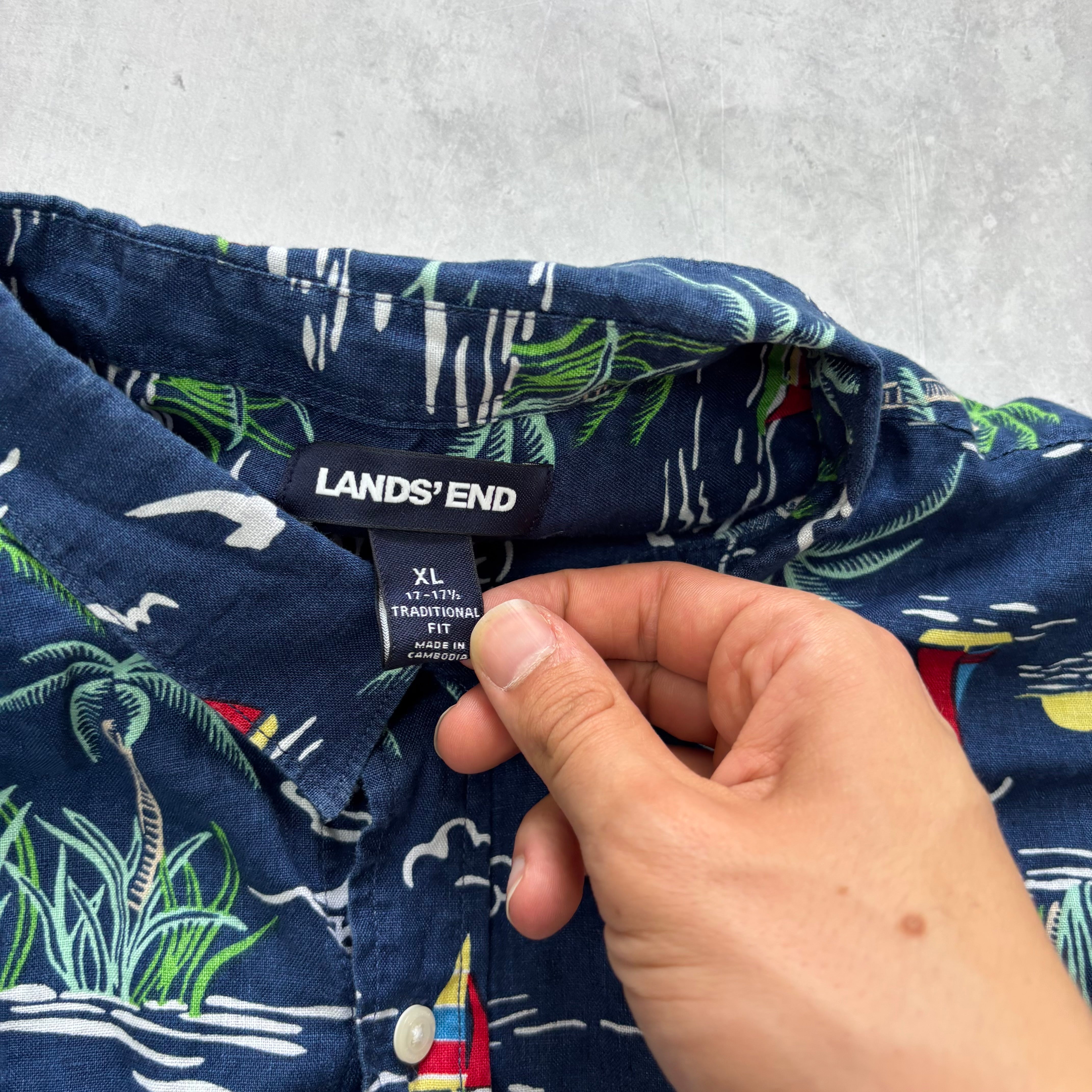 Hawaiian Shirt Mens XL Blue Floral Aloha Short Sleeve Linen (E)