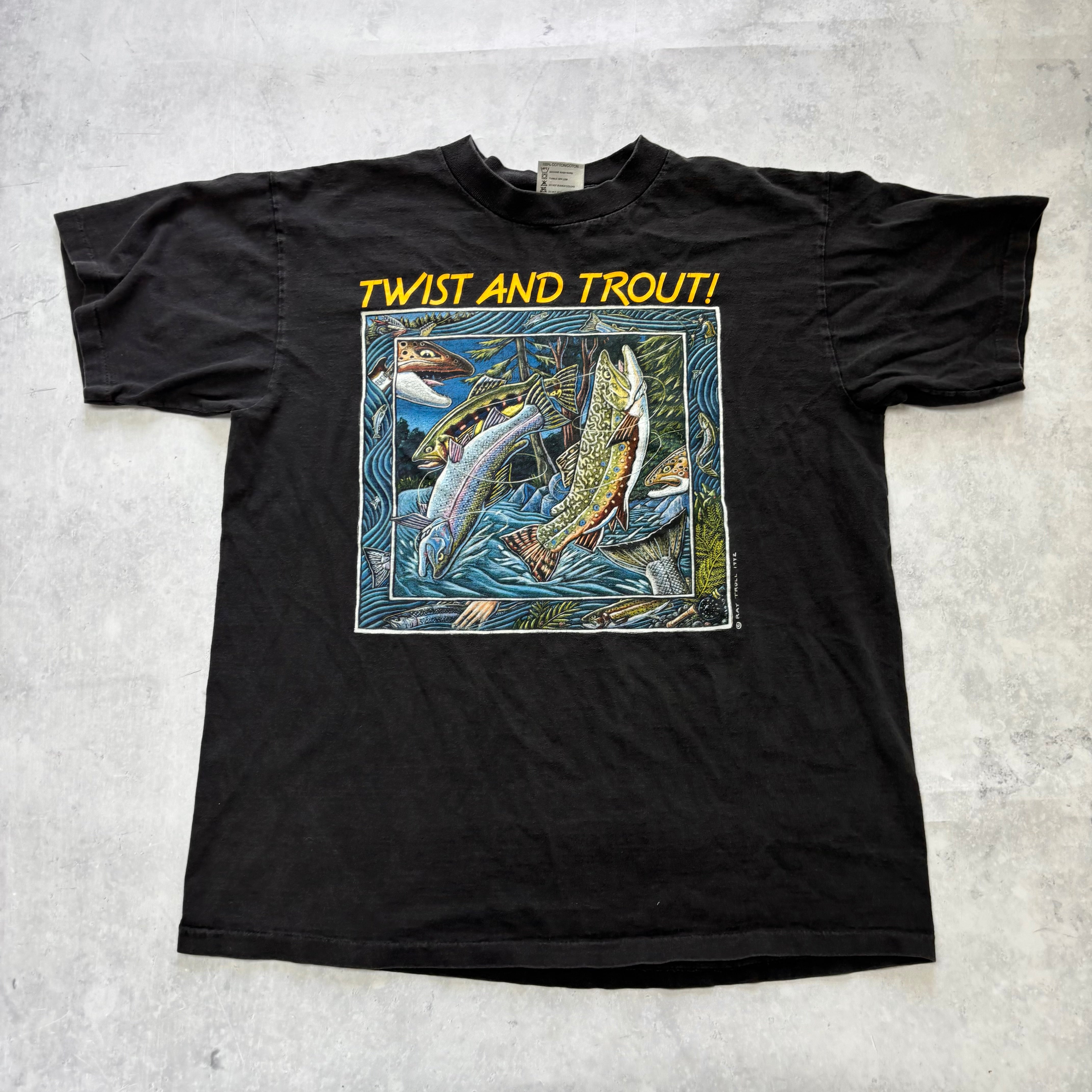 Vintage T Shirt Mens Medium Black Single Stitch Graphic Print 90s Fish (E)
