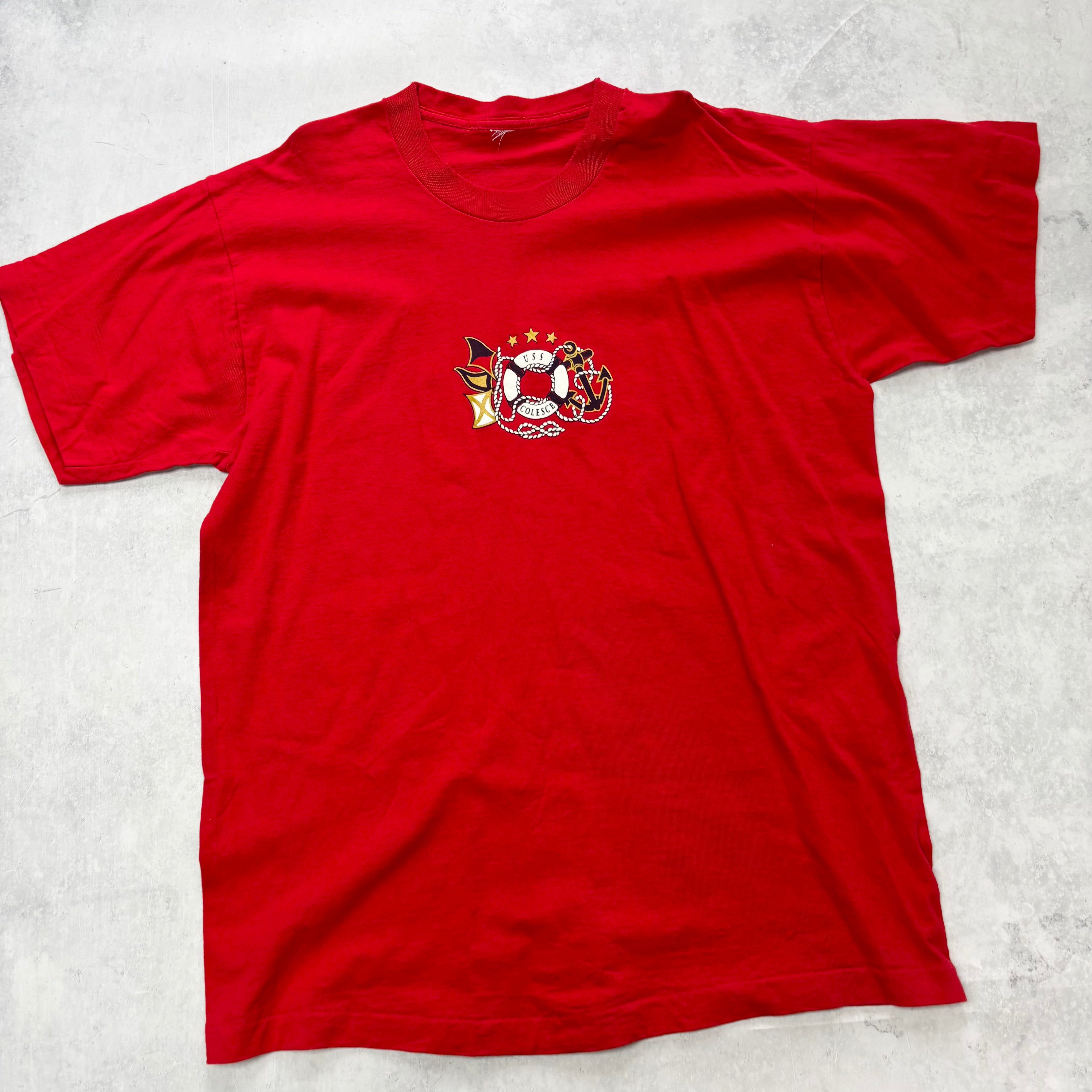 Vintage T Shirt Mens Large Red Single Stitch Graphic Print 90s Naval (E)